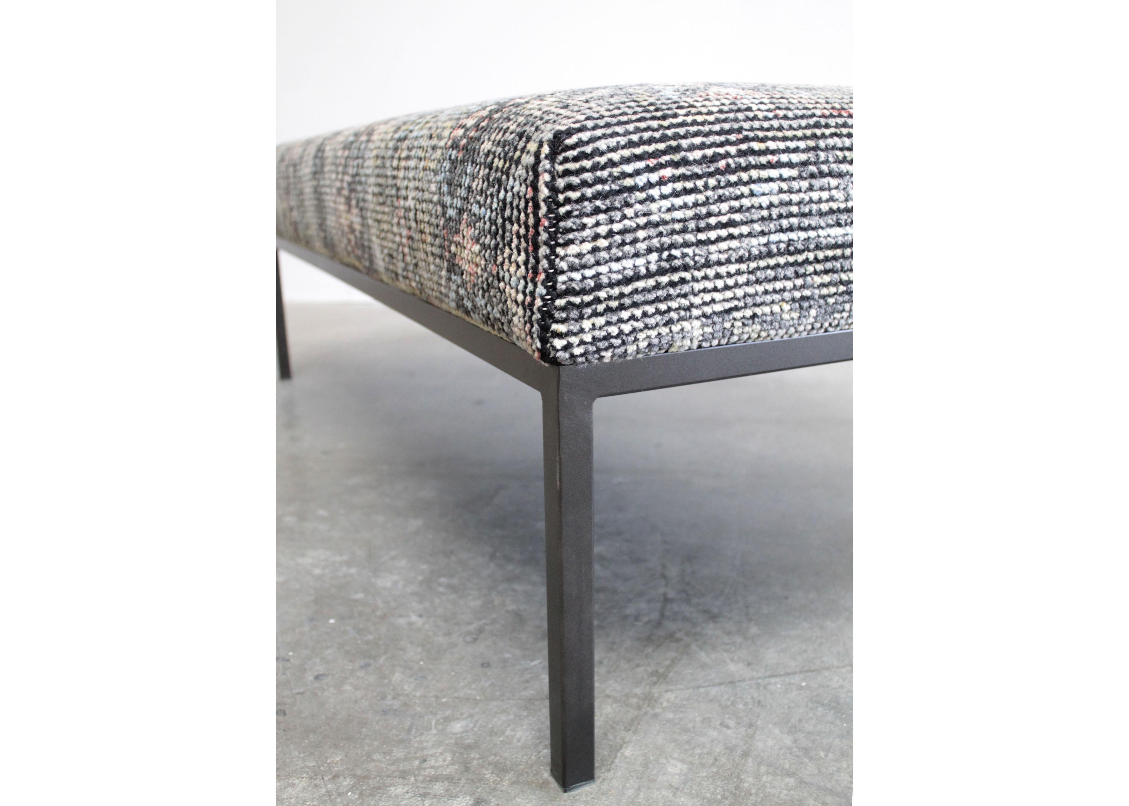 Contemporary Custom Made Upholstered Rug Ottoman with Iron Base For Sale