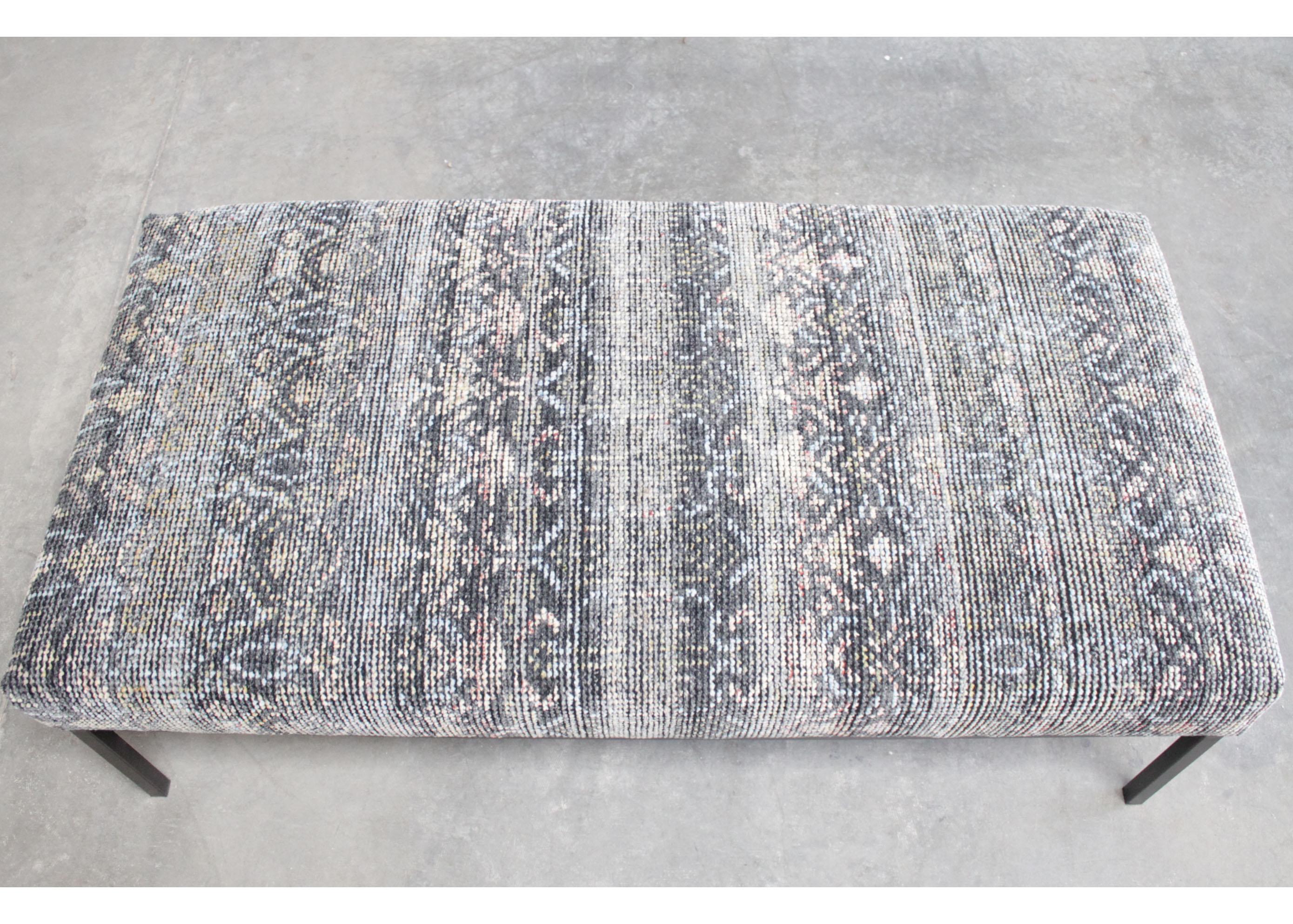 Wool Custom Made Upholstered Rug Ottoman with Iron Base For Sale