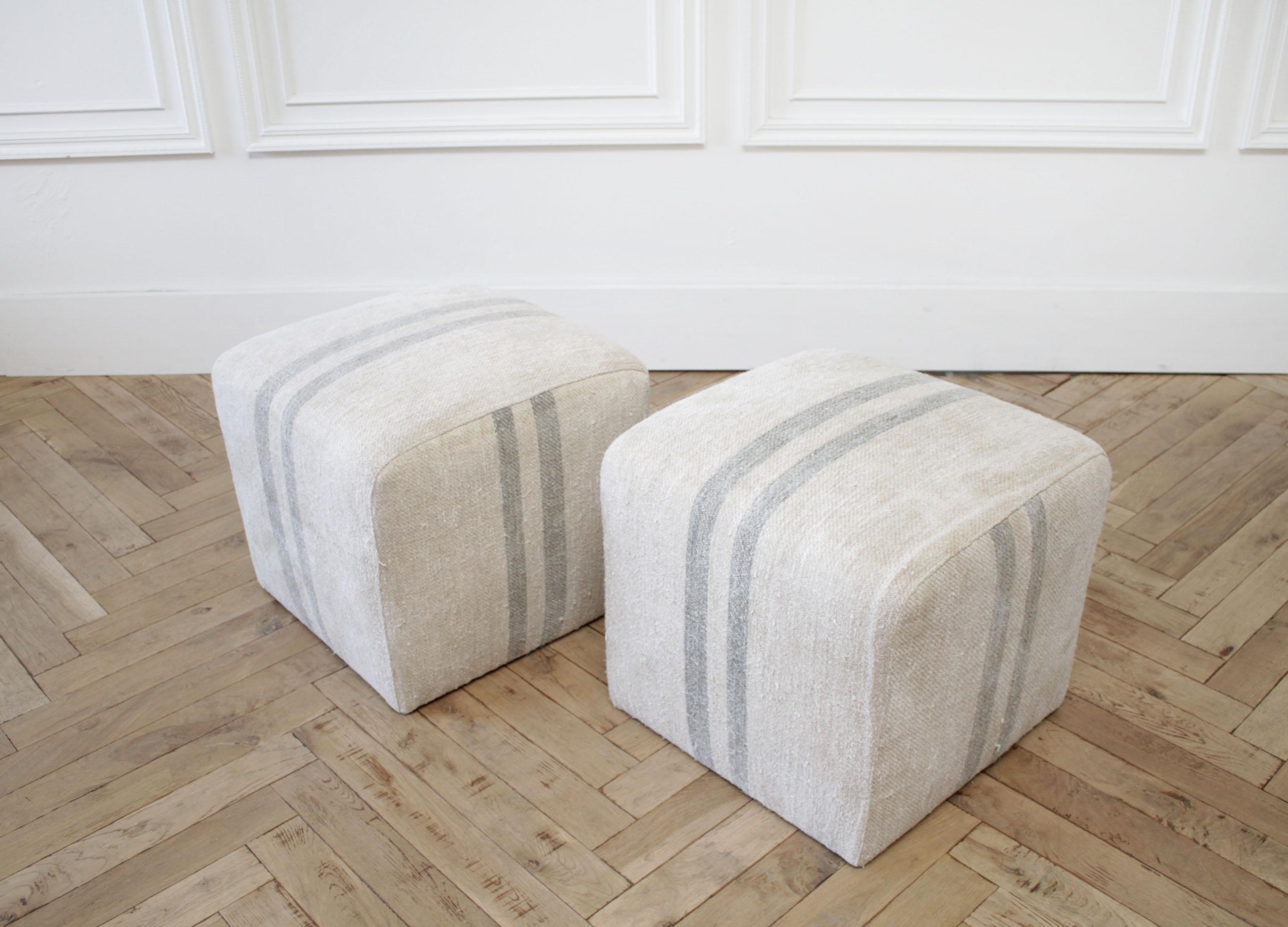 Custom Made Vintage Grainsack Cube Ottomans In Good Condition In Old Town Orange, CA