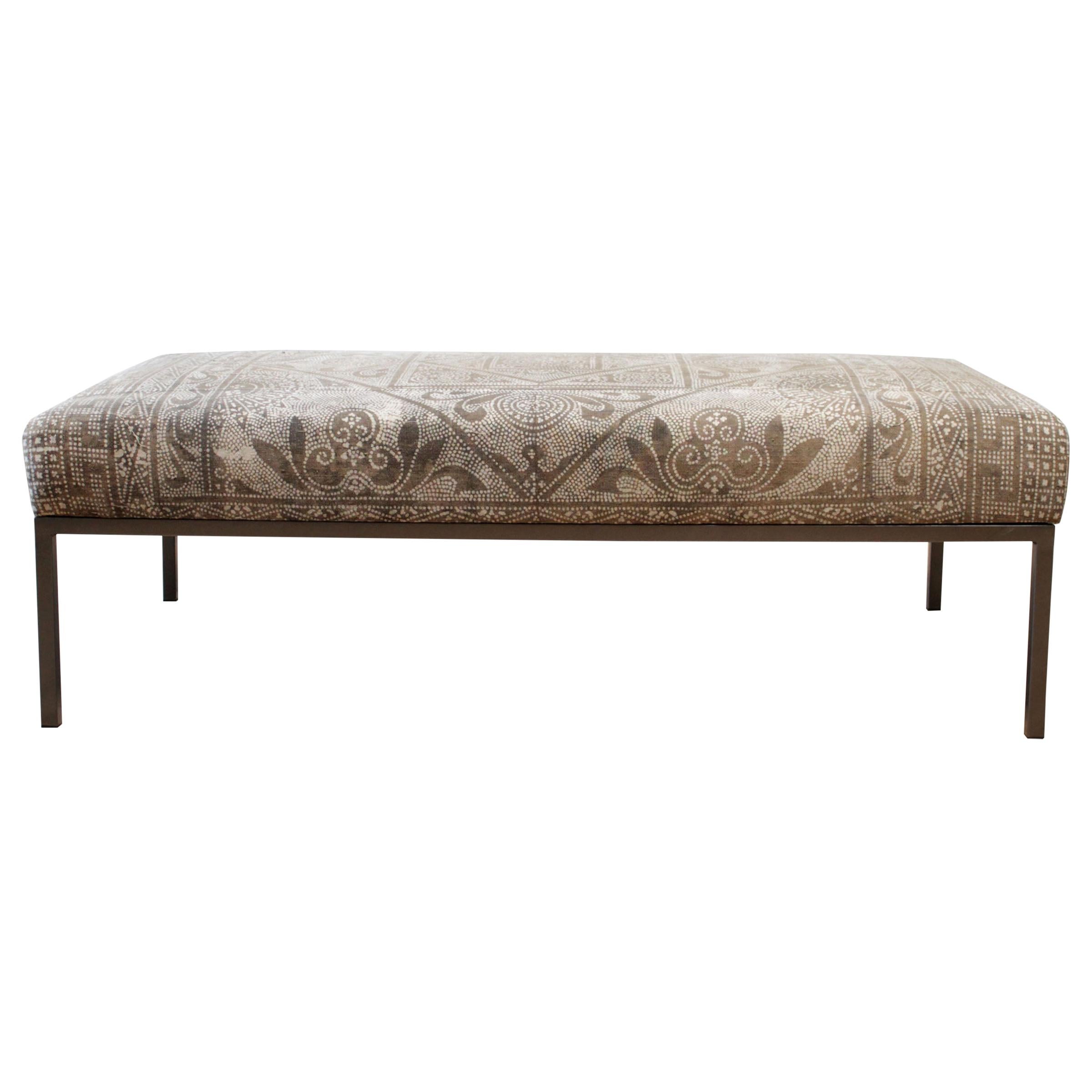 Custom Made Vintage Textile and Iron Cocktail Ottoman Bench