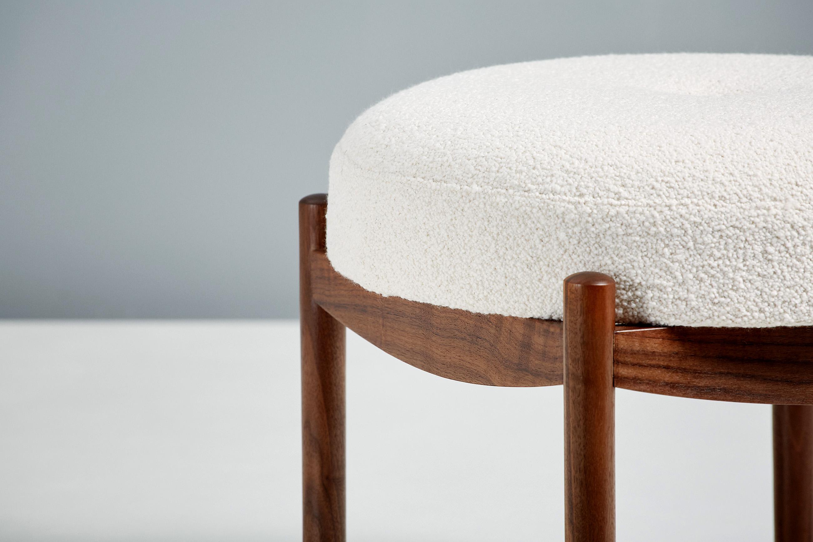 British Custom Made Walnut and Boucle Round Ottoman For Sale