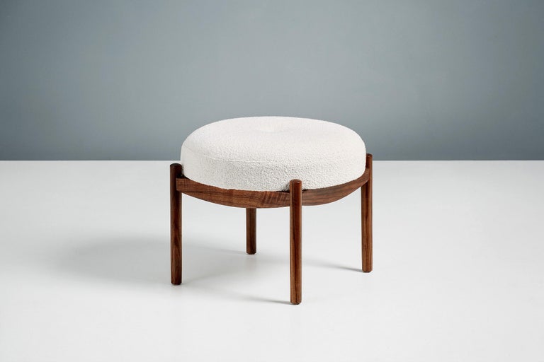 Custom Made Walnut and Boucle Round Ottoman For Sale 1