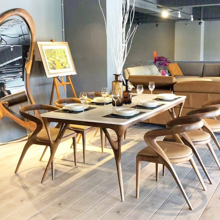 Custom Made Walnut Dining Table with Marble Top For Sale at 1stDibs