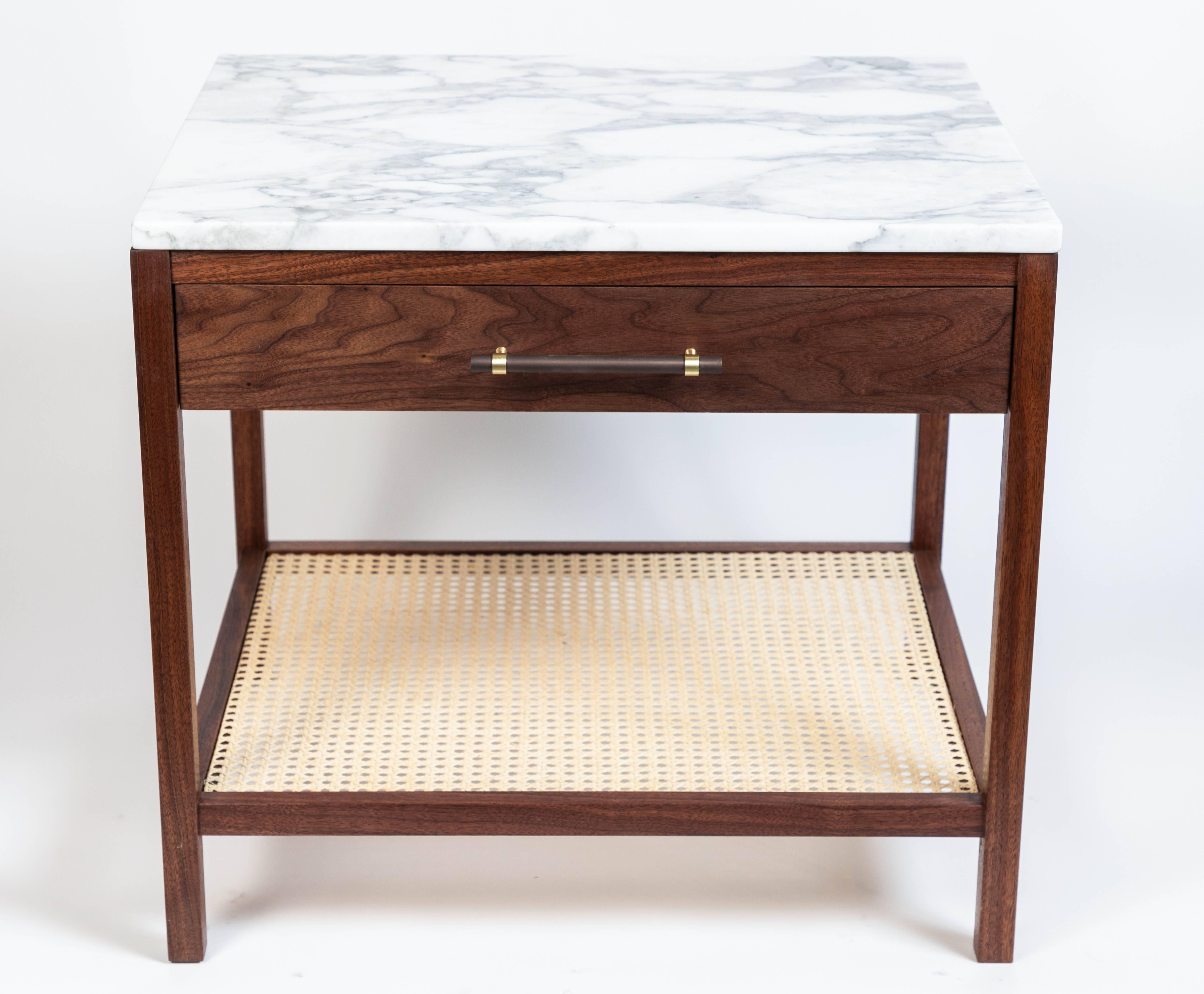 Custom-made end / side table from solid walnut with single drawer (interior drawer is maple), caned bottom shelf and white and grey marble top. 

Drawer hardware is oil rubbed bronze and brass. 

Dimensions may be slightly adjusted.

Production time