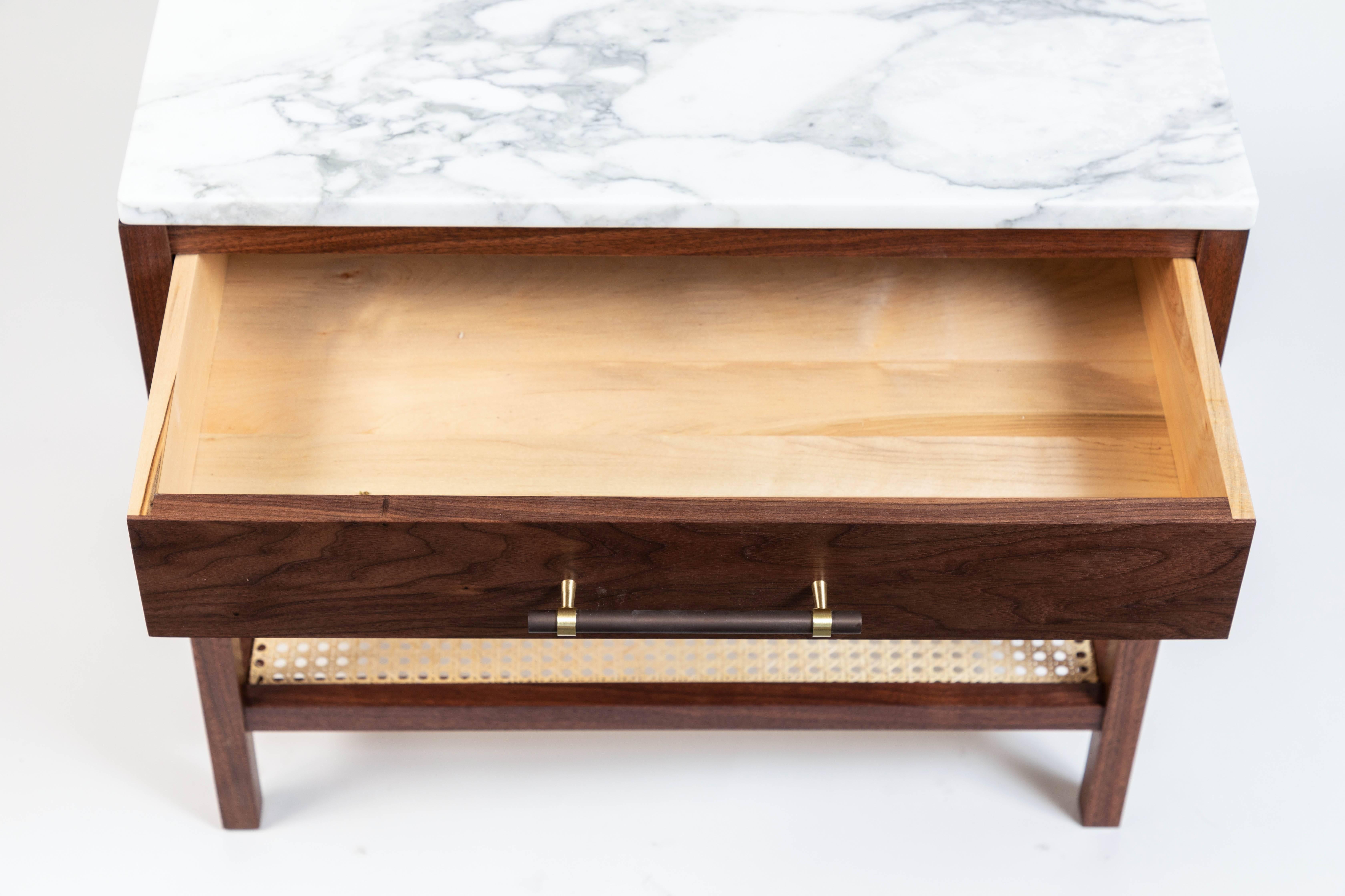 Mid-Century Modern Custom-Made Walnut End Table with a Marble Top and Caned Bottom Shelf 