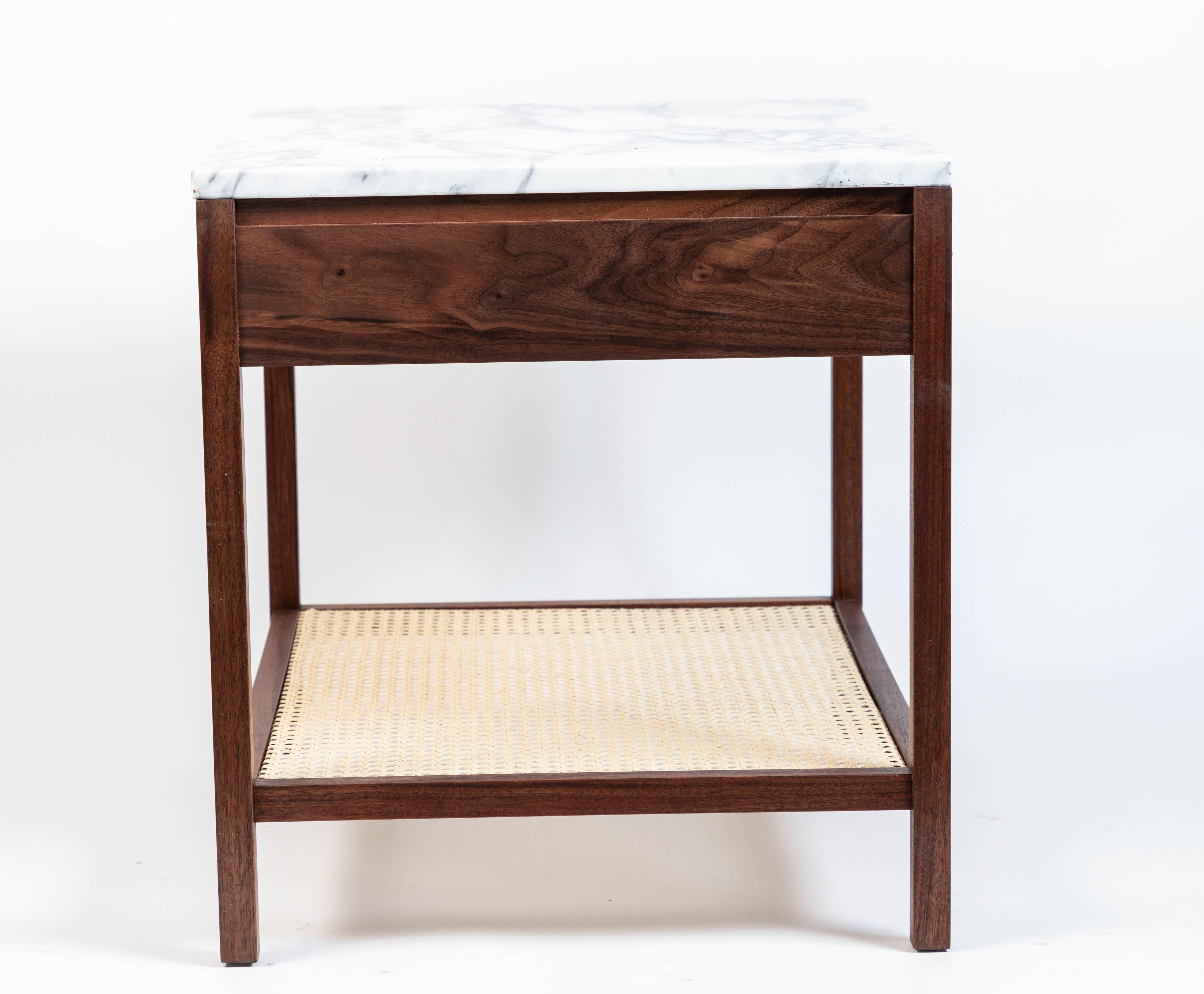 Contemporary Custom-Made Walnut End Table with a Marble Top and Caned Bottom Shelf 