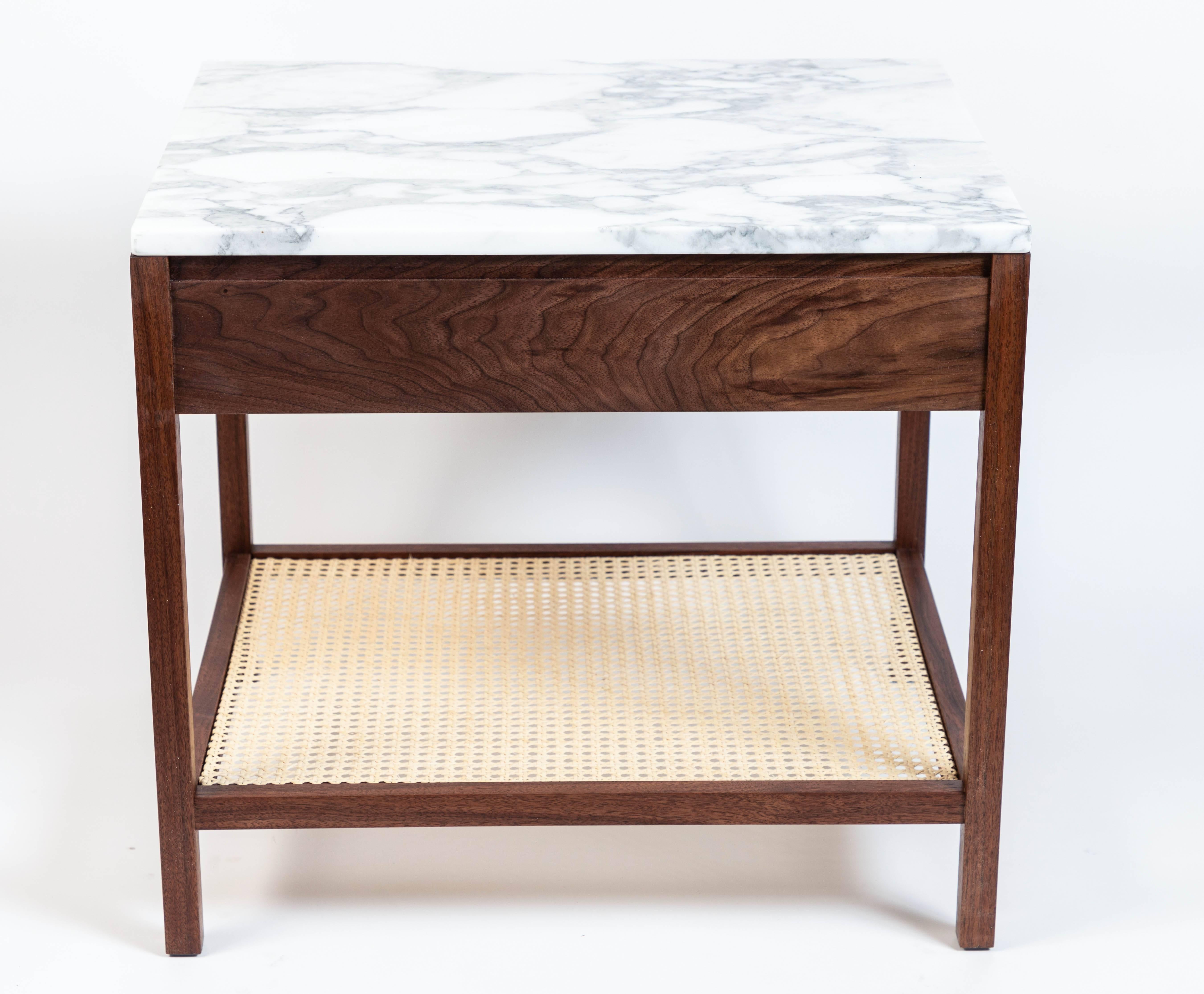 Custom-Made Walnut End Table with a Marble Top and Caned Bottom Shelf  1