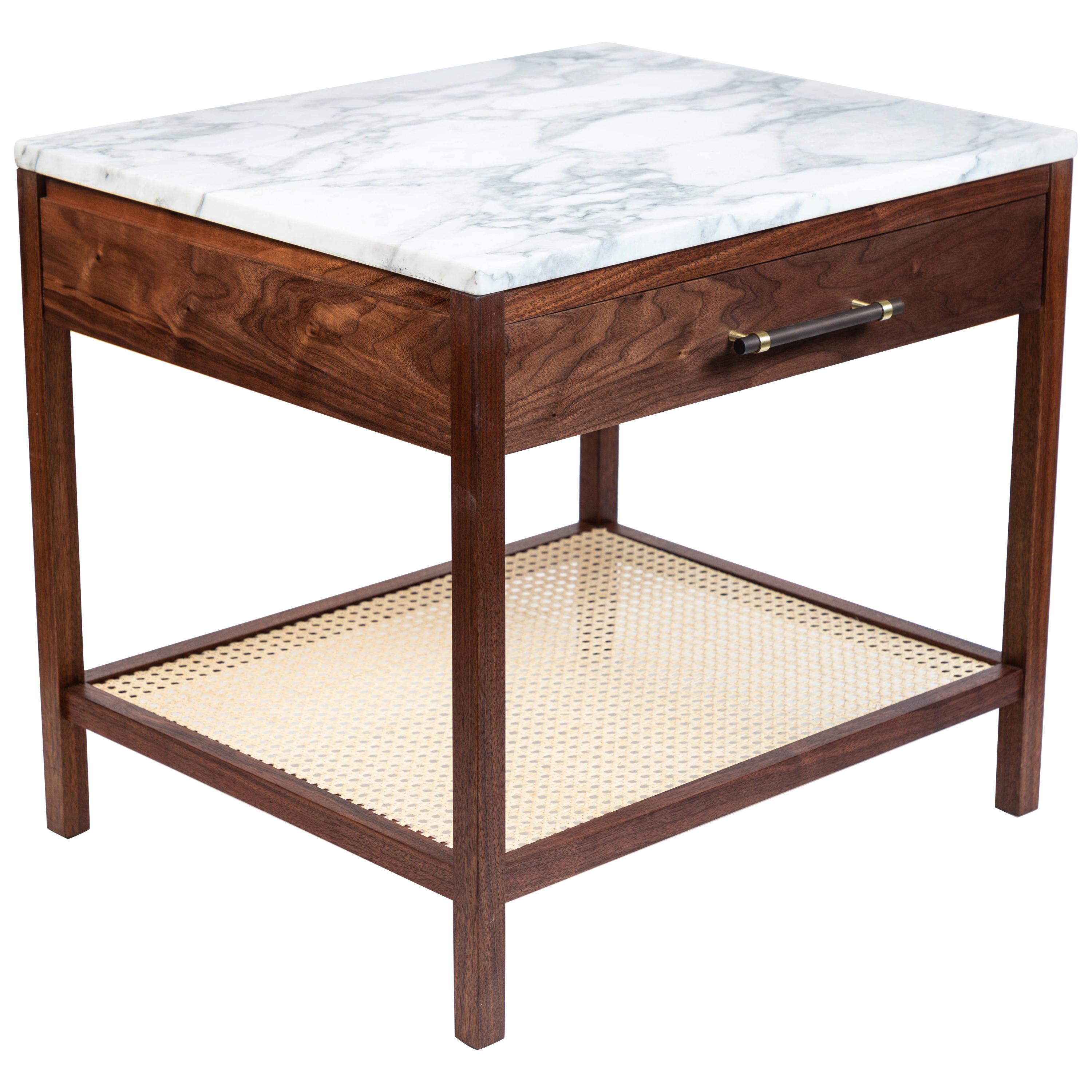 Custom-Made Walnut End Table with a Marble Top and Caned Bottom Shelf 