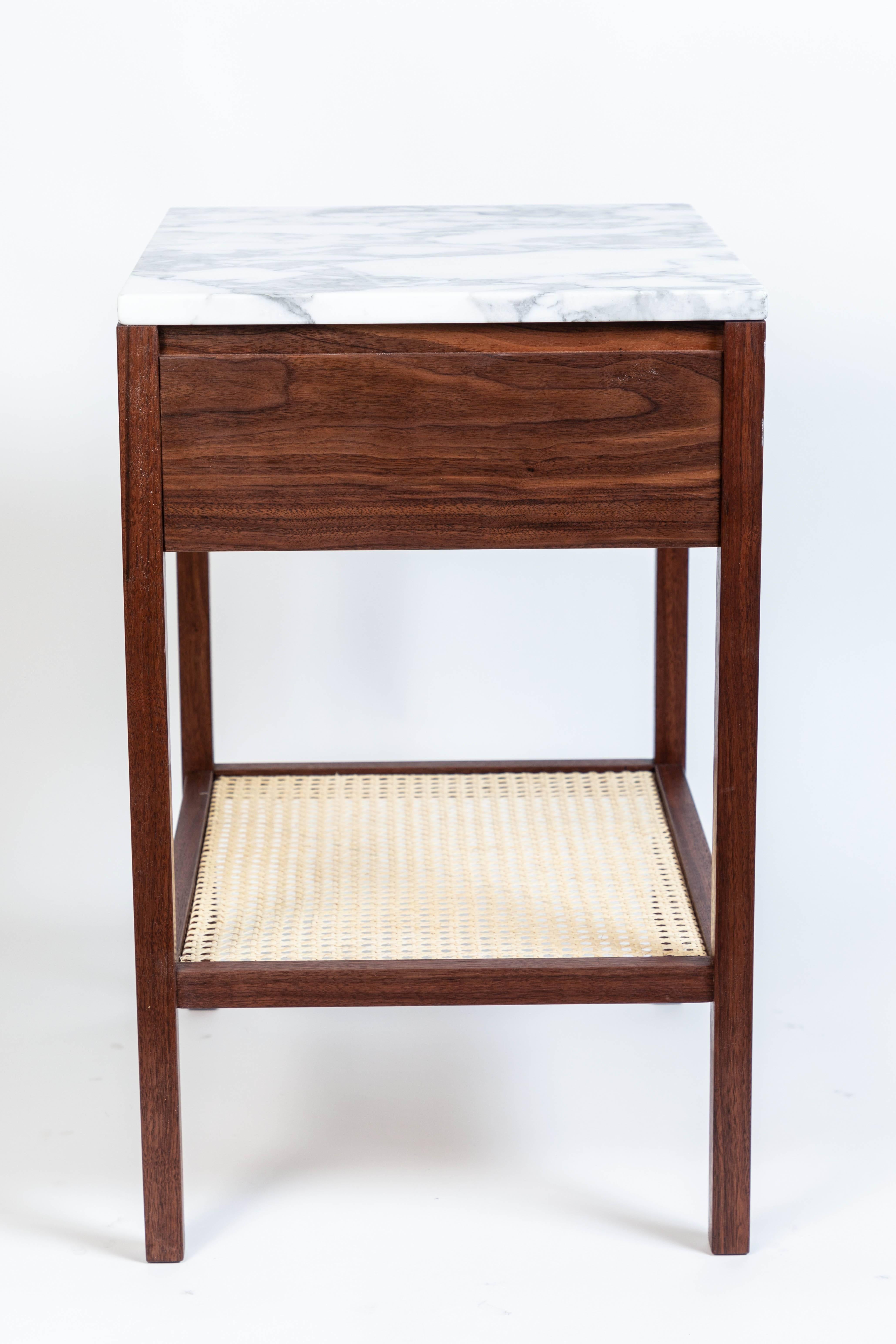Made to Order Walnut Night Stand with a Marble Top and Caned Bottom Shelf  1