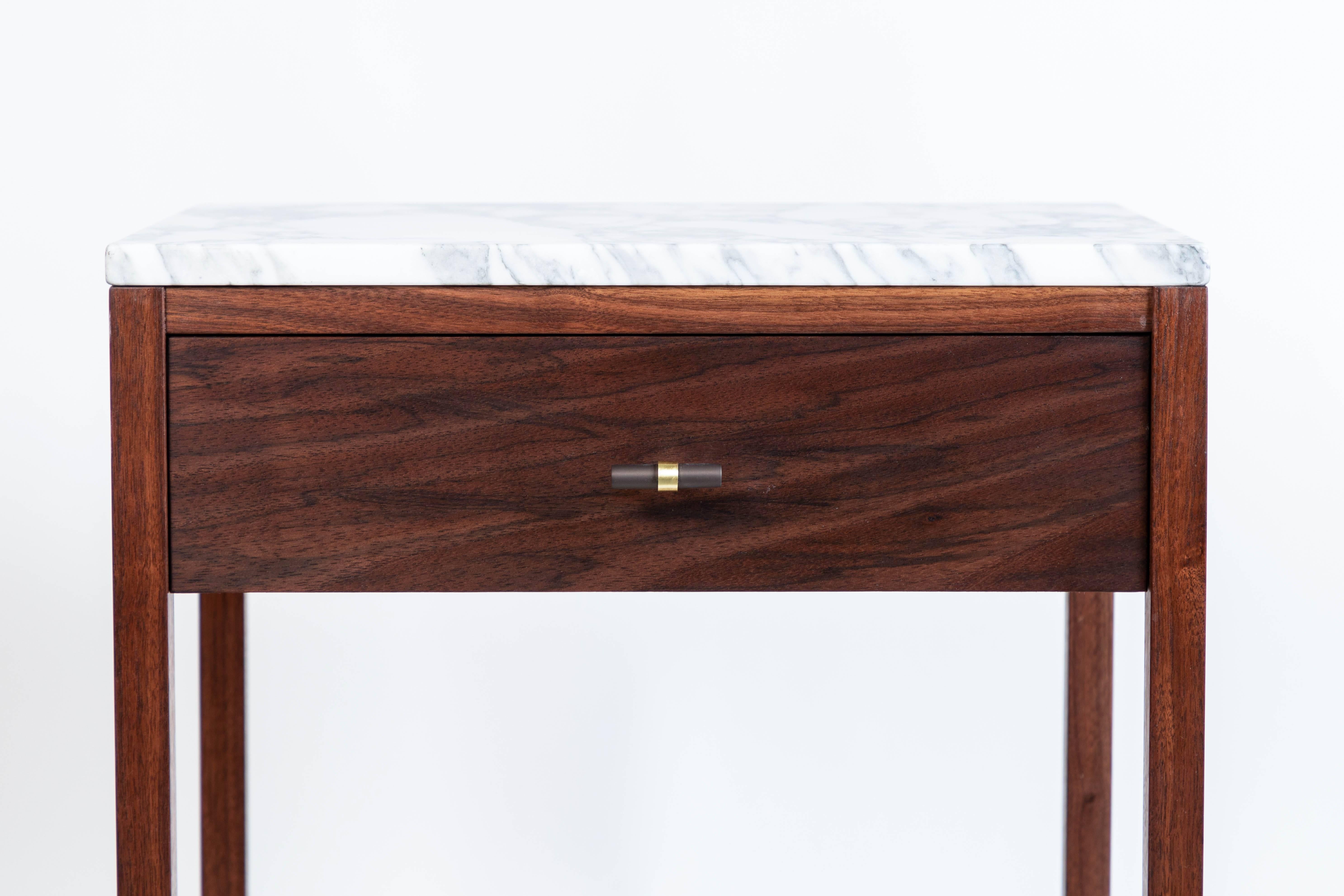 Mid-Century Modern Made to Order Walnut Night Stand with a Marble Top and Caned Bottom Shelf 
