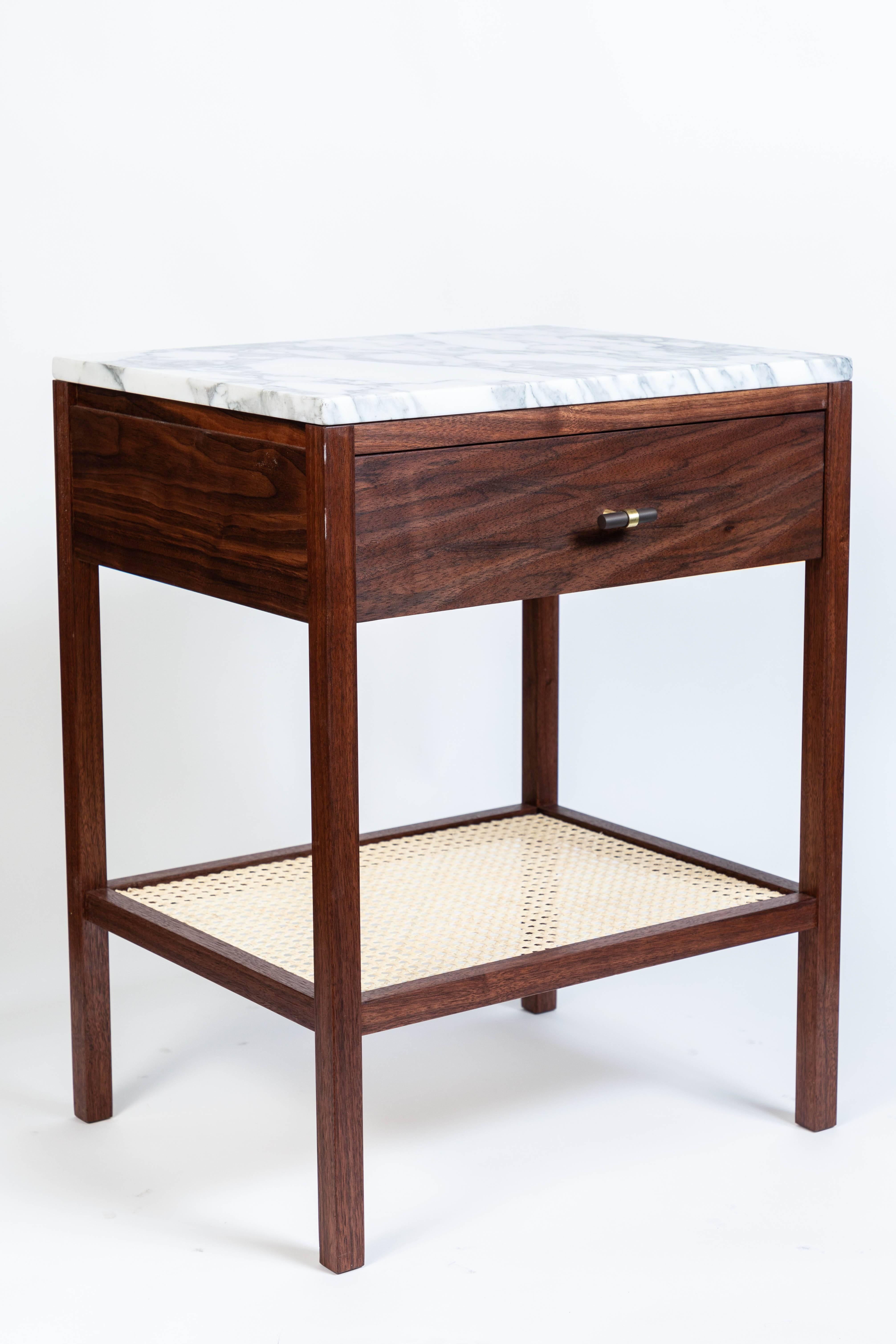 Contemporary Made to Order Walnut Night Stand with a Marble Top and Caned Bottom Shelf 
