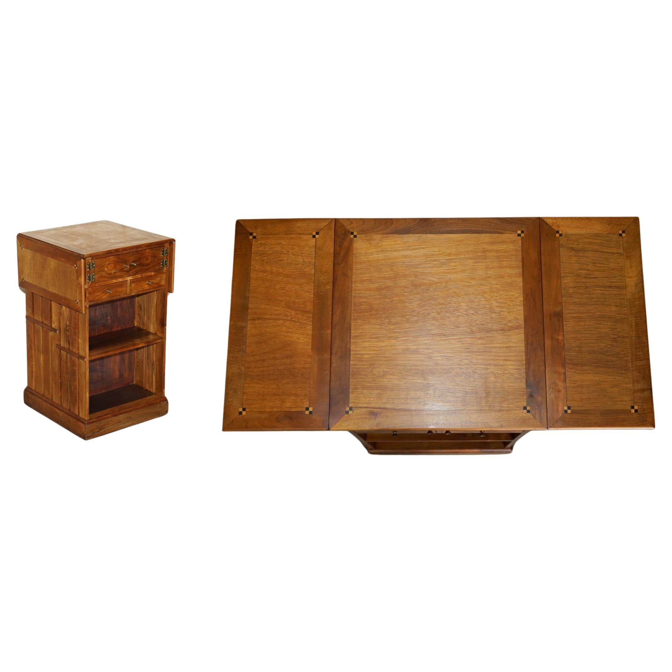 CUSTOM MADE WALNUT PARQUET INLAY EXTENDiNG TOP REVOLVING BOOKCASE TABLE For Sale