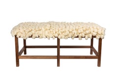 Custom Made Walnut Wood Frame Bench Upholstered in a New Alpaca Tufted Wool Rug