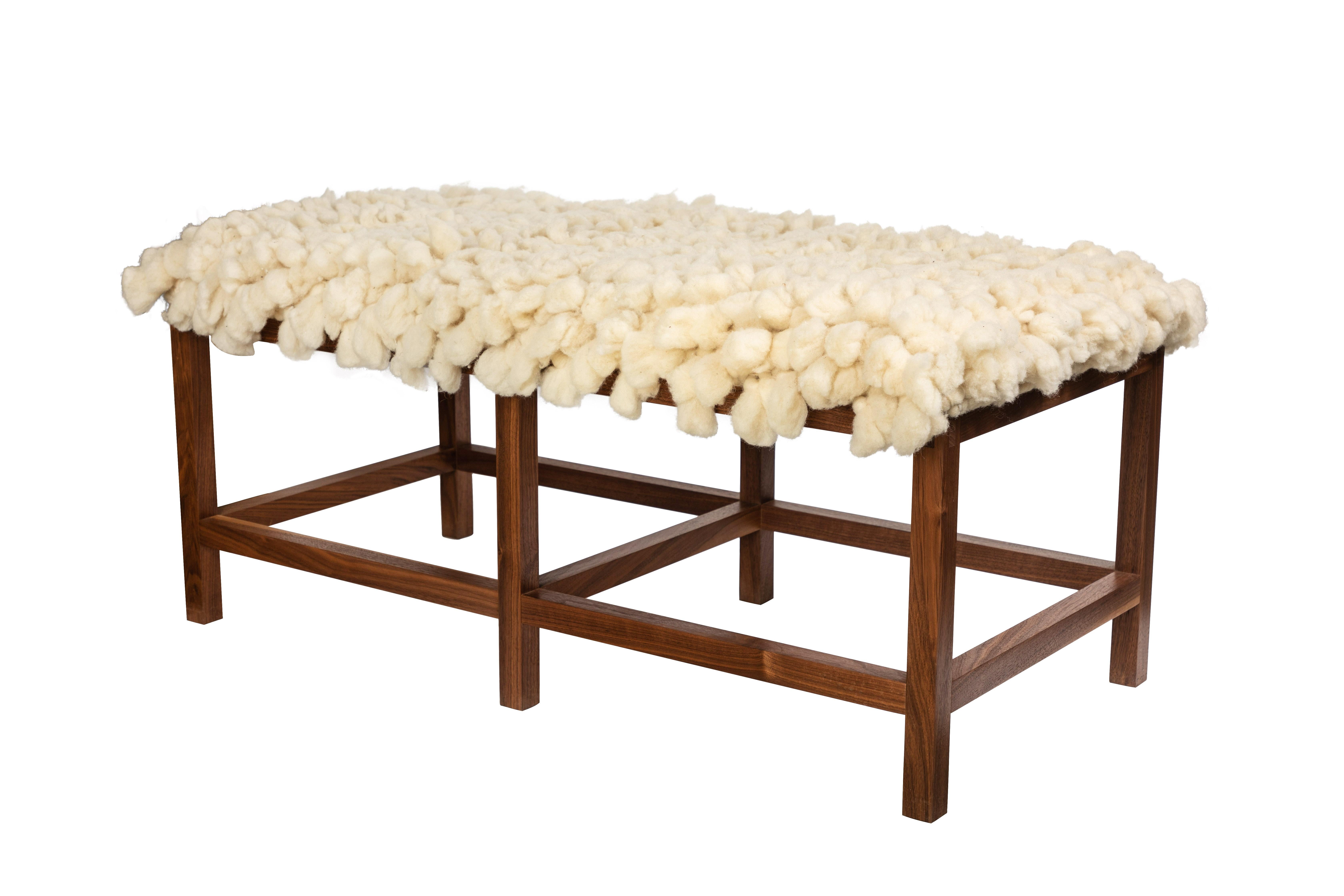 American Custom Made Walnut Wood Frame Bench Upholstered in a New Alpaca Tufted Wool Rug