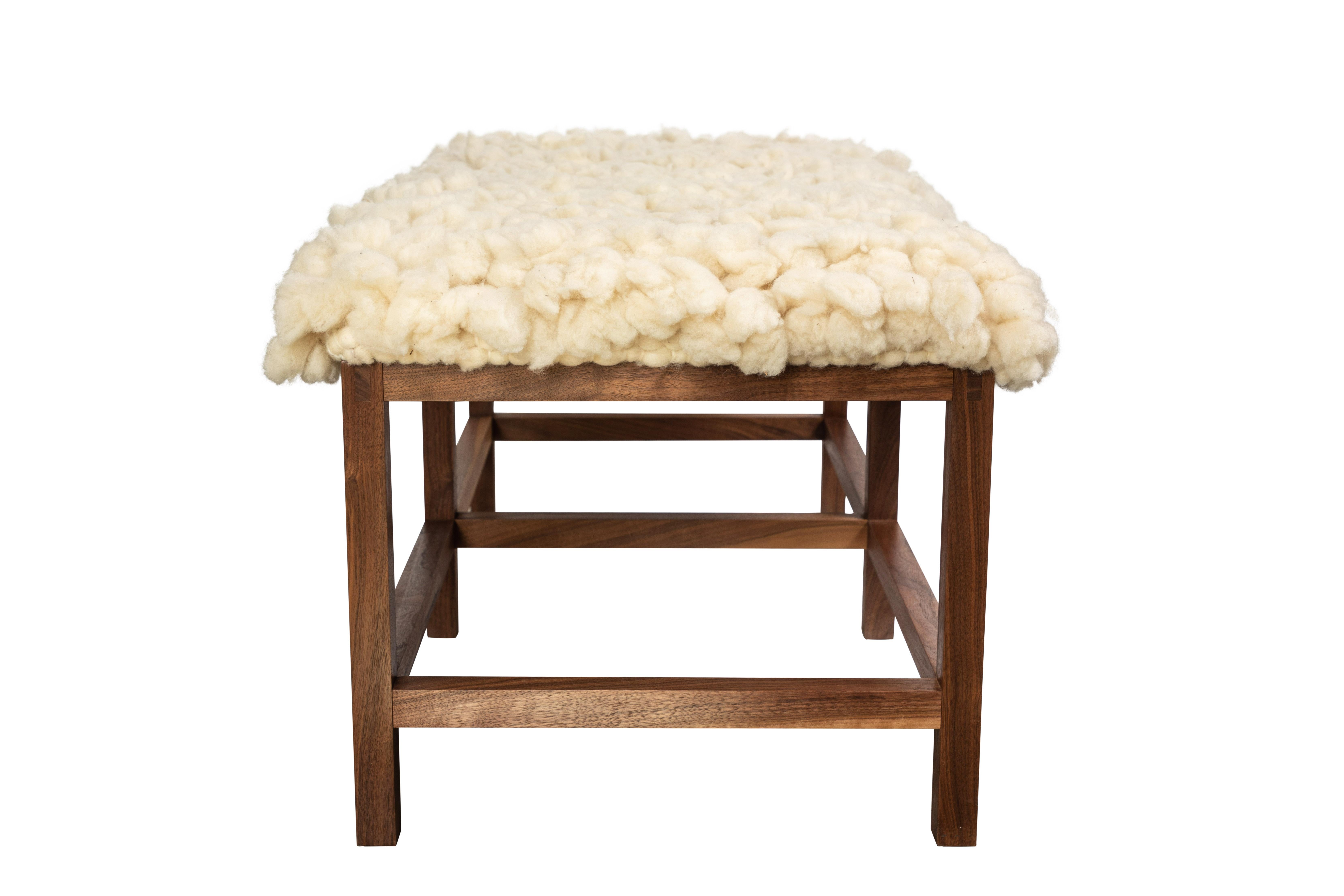 Custom Made Walnut Wood Frame Bench Upholstered in a New Alpaca Tufted Wool Rug In New Condition In Pasadena, CA