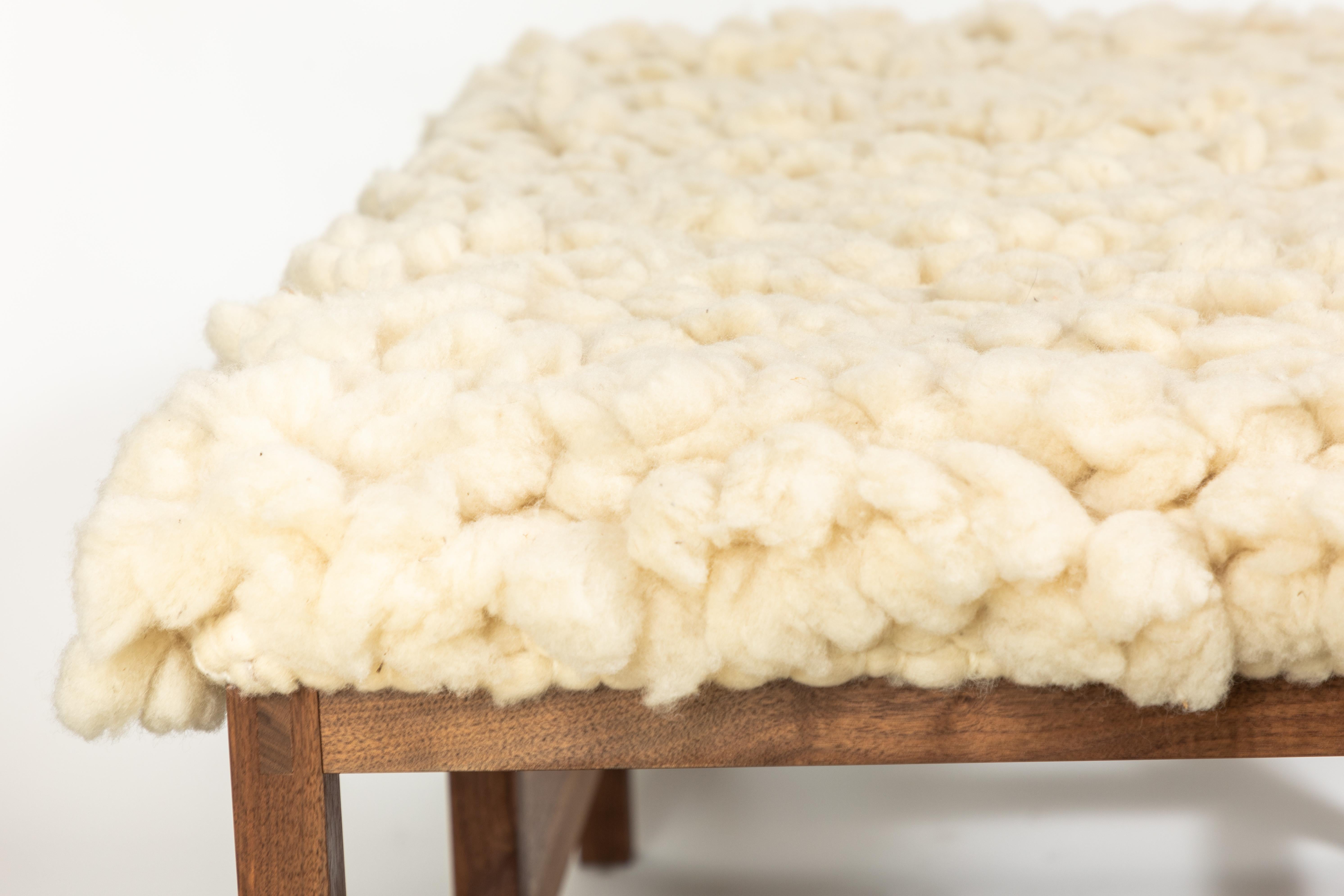 Contemporary Custom Made Walnut Wood Frame Bench Upholstered in a New Alpaca Tufted Wool Rug