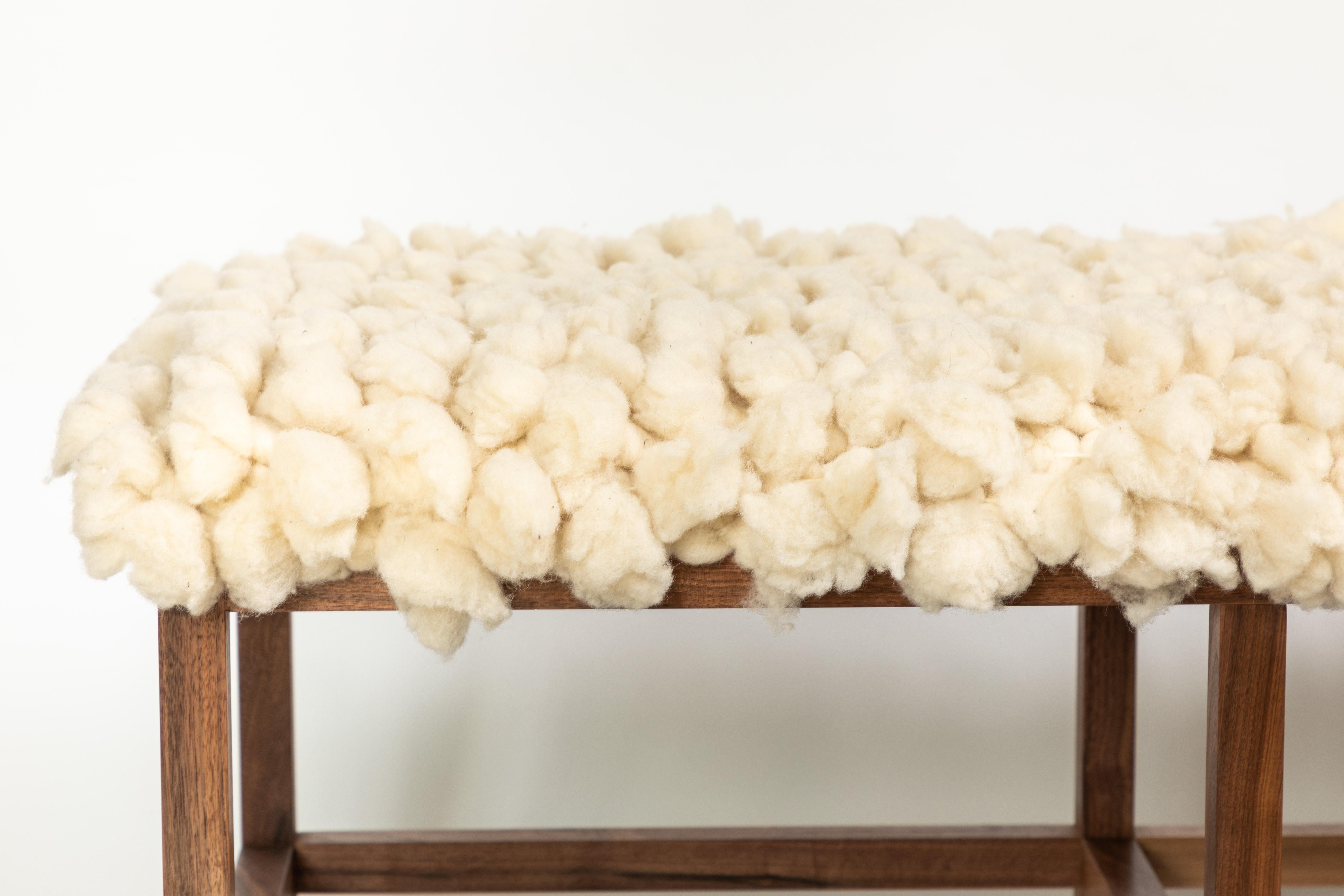 Custom Made Walnut Wood Frame Bench Upholstered in a New Alpaca Tufted Wool Rug 1