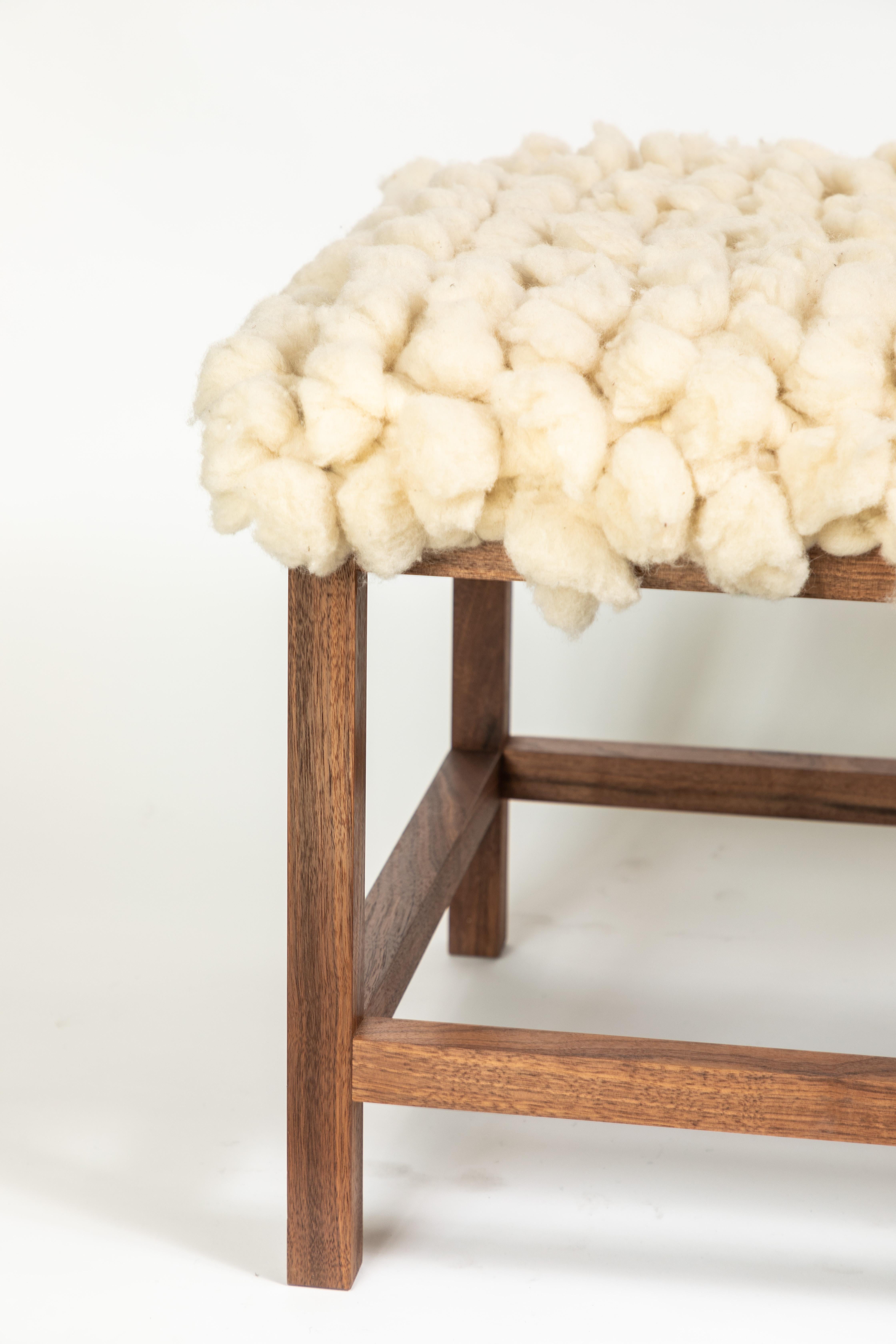 Custom Made Walnut Wood Frame Bench Upholstered in a New Alpaca Tufted Wool Rug 2