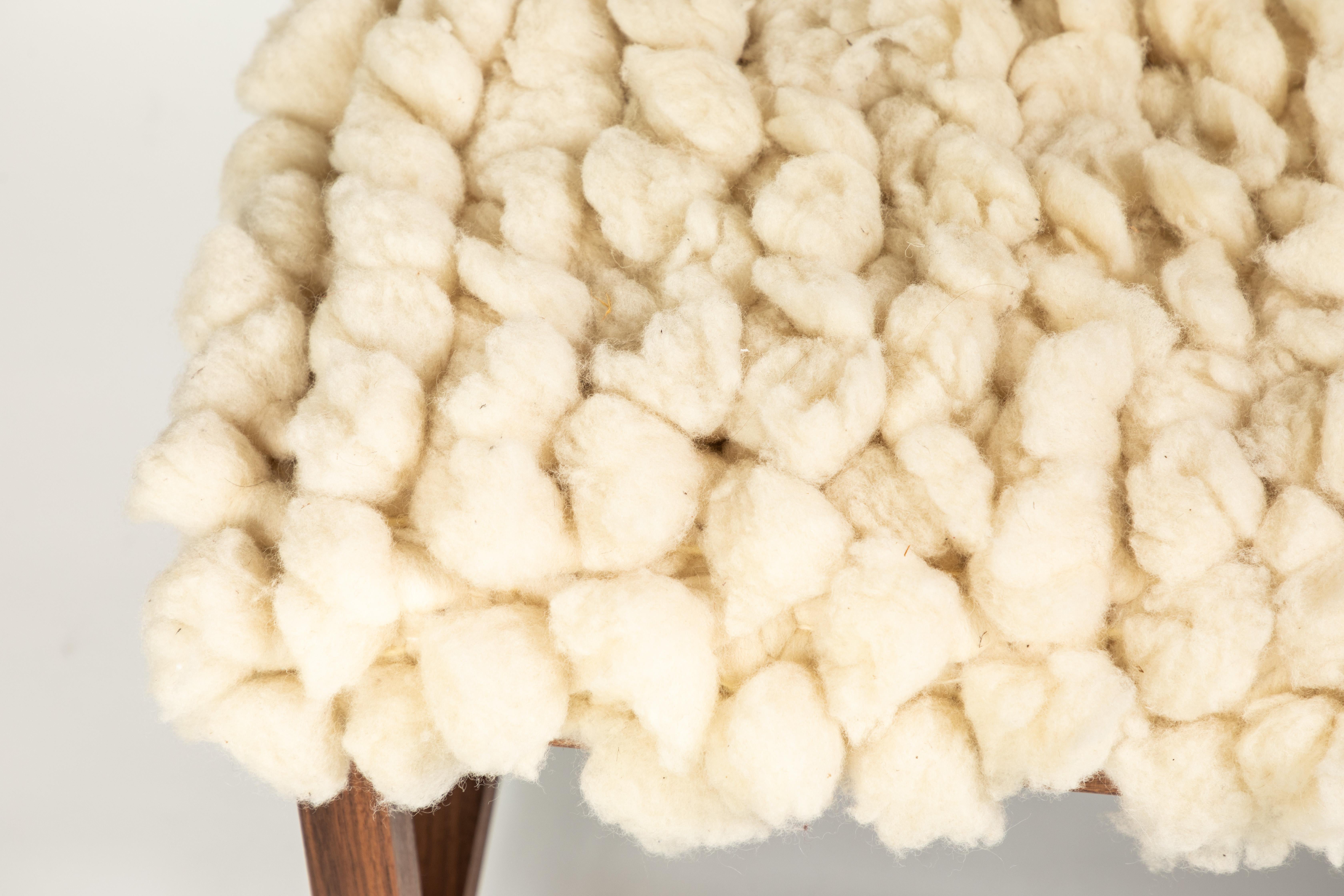 Custom Made Walnut Wood Frame Bench Upholstered in a New Alpaca Tufted Wool Rug 3