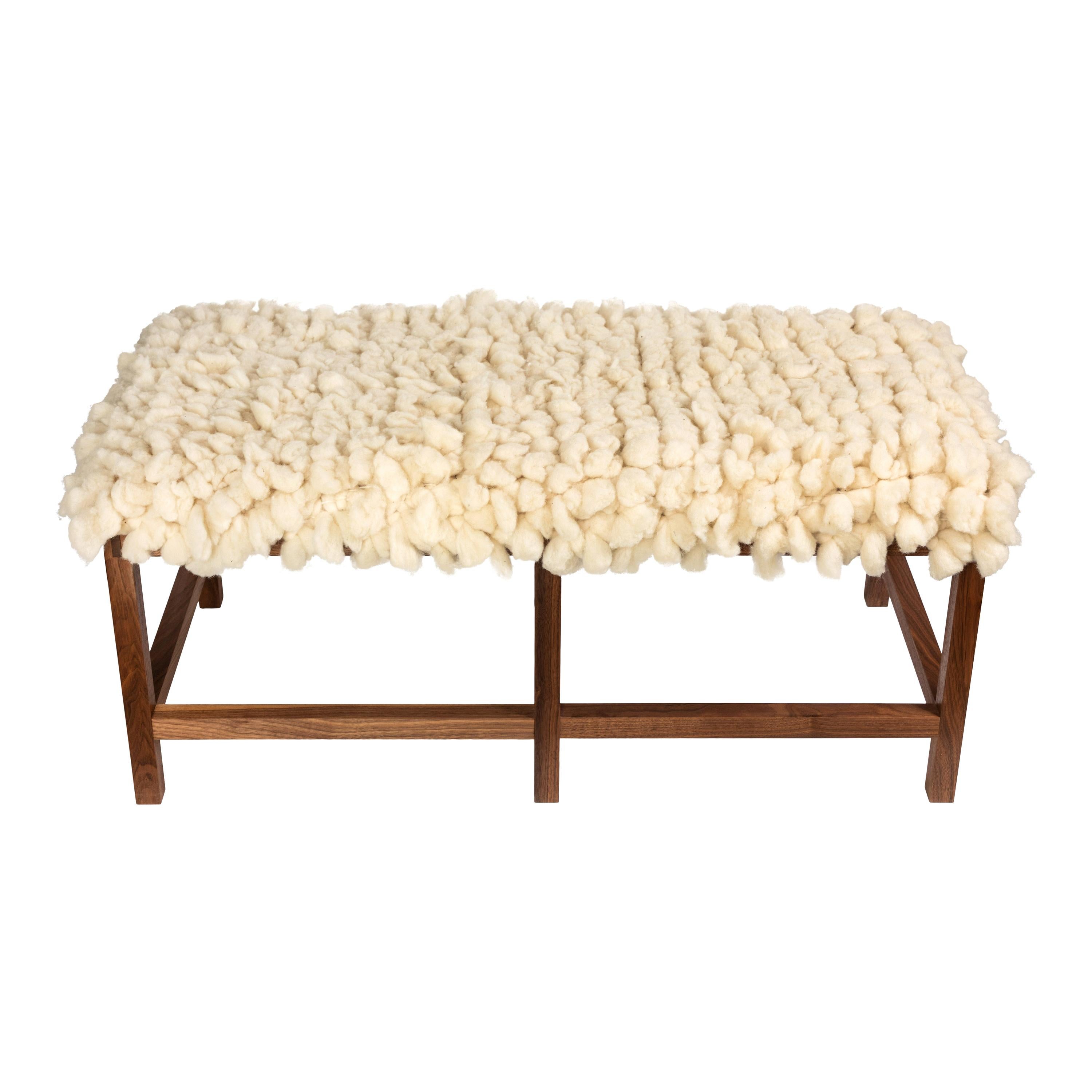 Custom Made Walnut Wood Frame Bench Upholstered in a New Alpaca Tufted Wool Rug