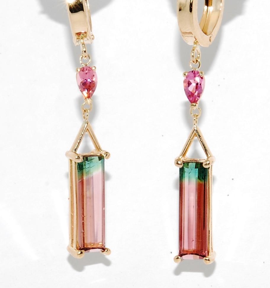 One of one by Erica. Soft bi- color watermelon Tourmaline earrings with two pear shaped pink Tourmalines all set in 14 karat yellow gold dangle hinged-hoop earrings. The Bi-color Tourmalines weigh 1.65 carats each and the pear shape Tourmalines