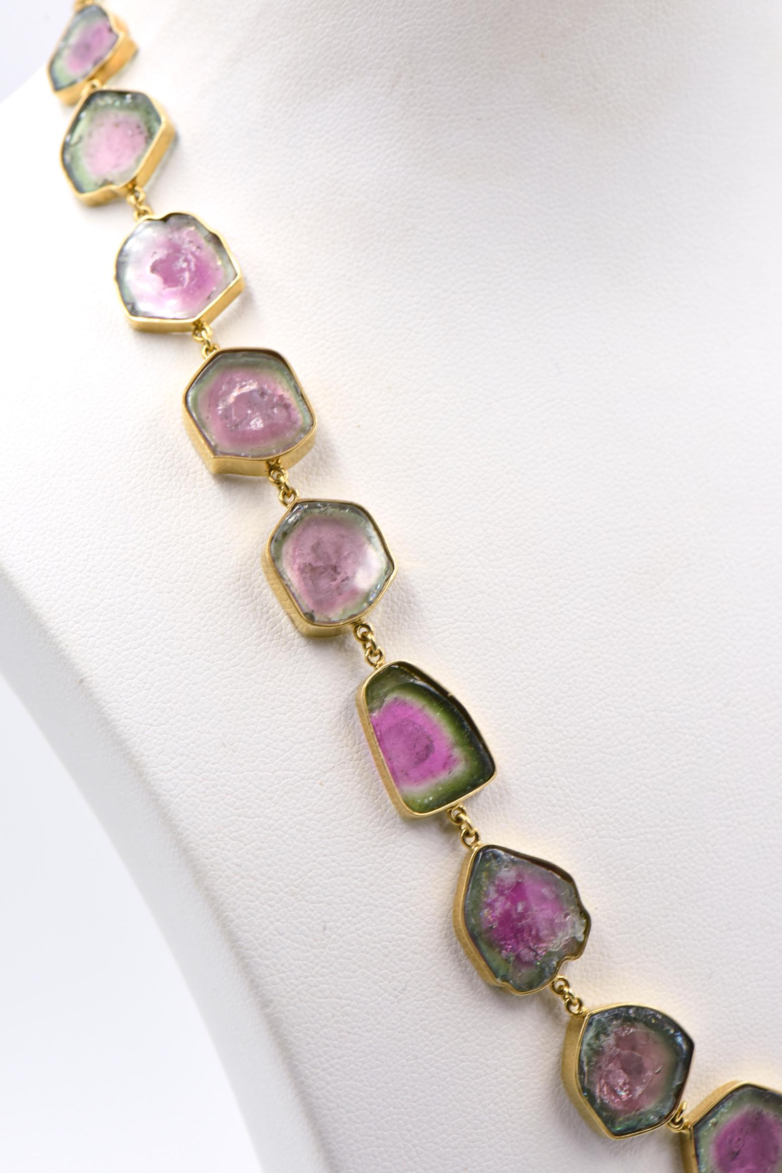 Custom Made Watermelon Tourmaline Gold Necklace For Sale 1