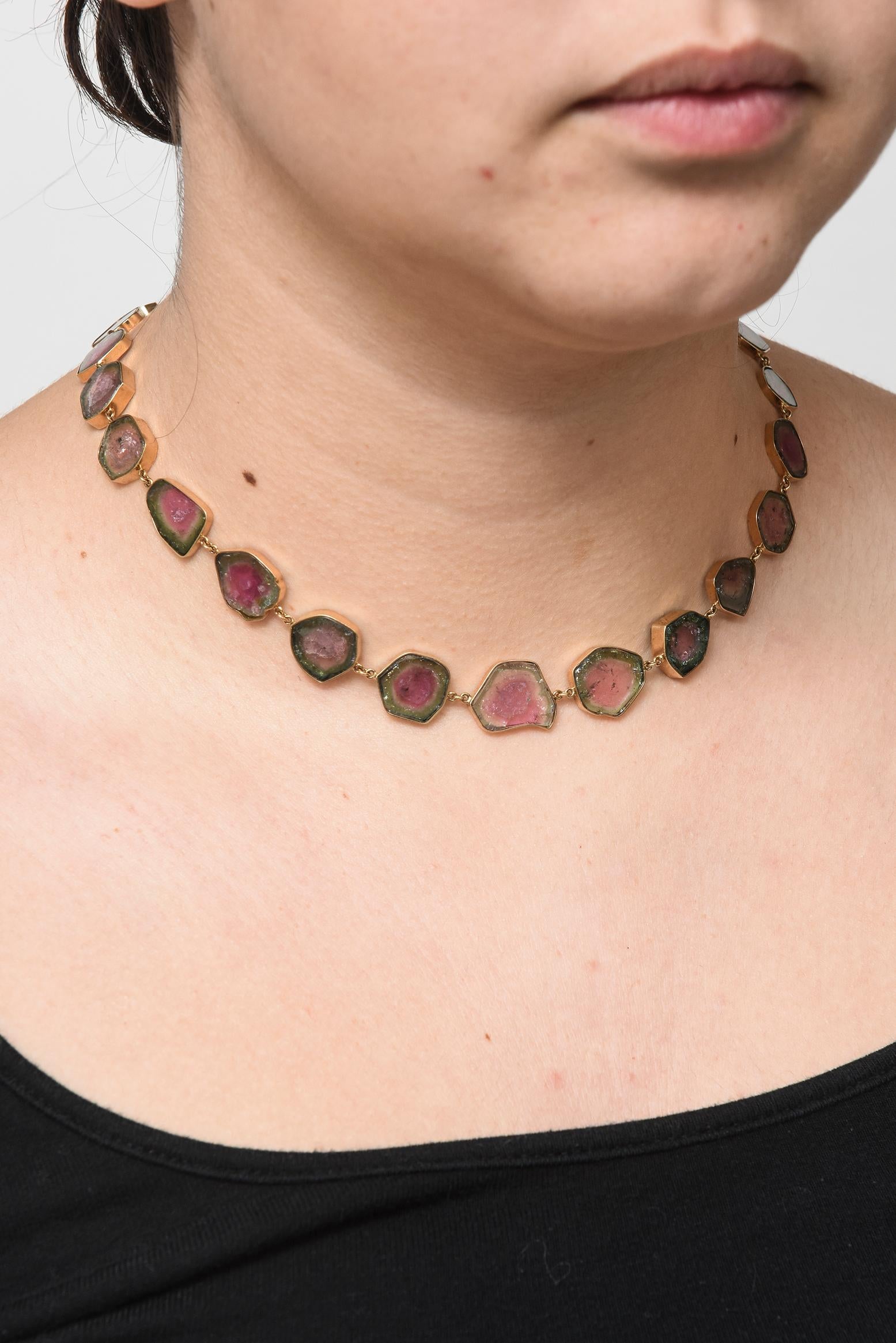 Custom Made Watermelon Tourmaline Gold Necklace For Sale 3