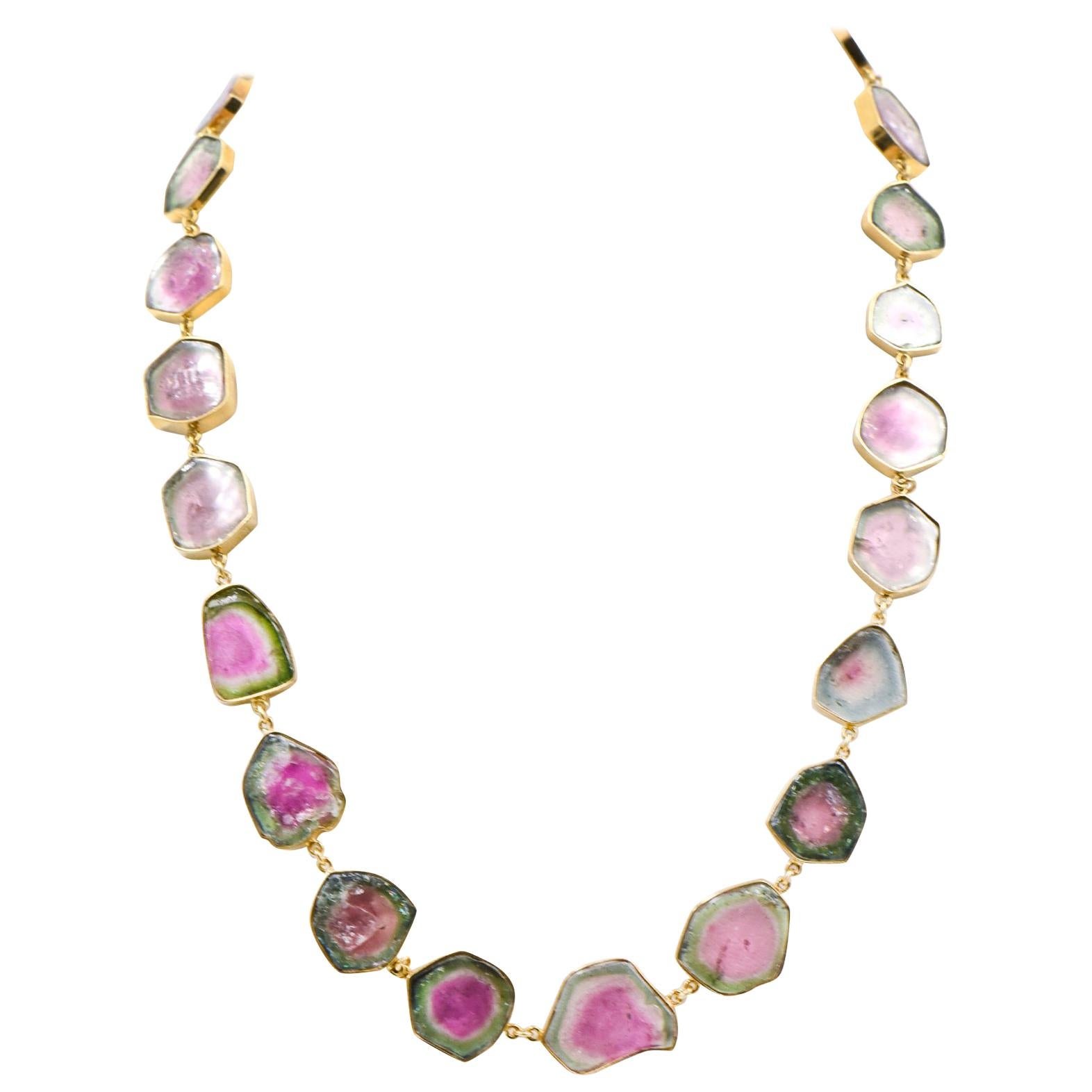 Custom Made Watermelon Tourmaline Gold Necklace For Sale