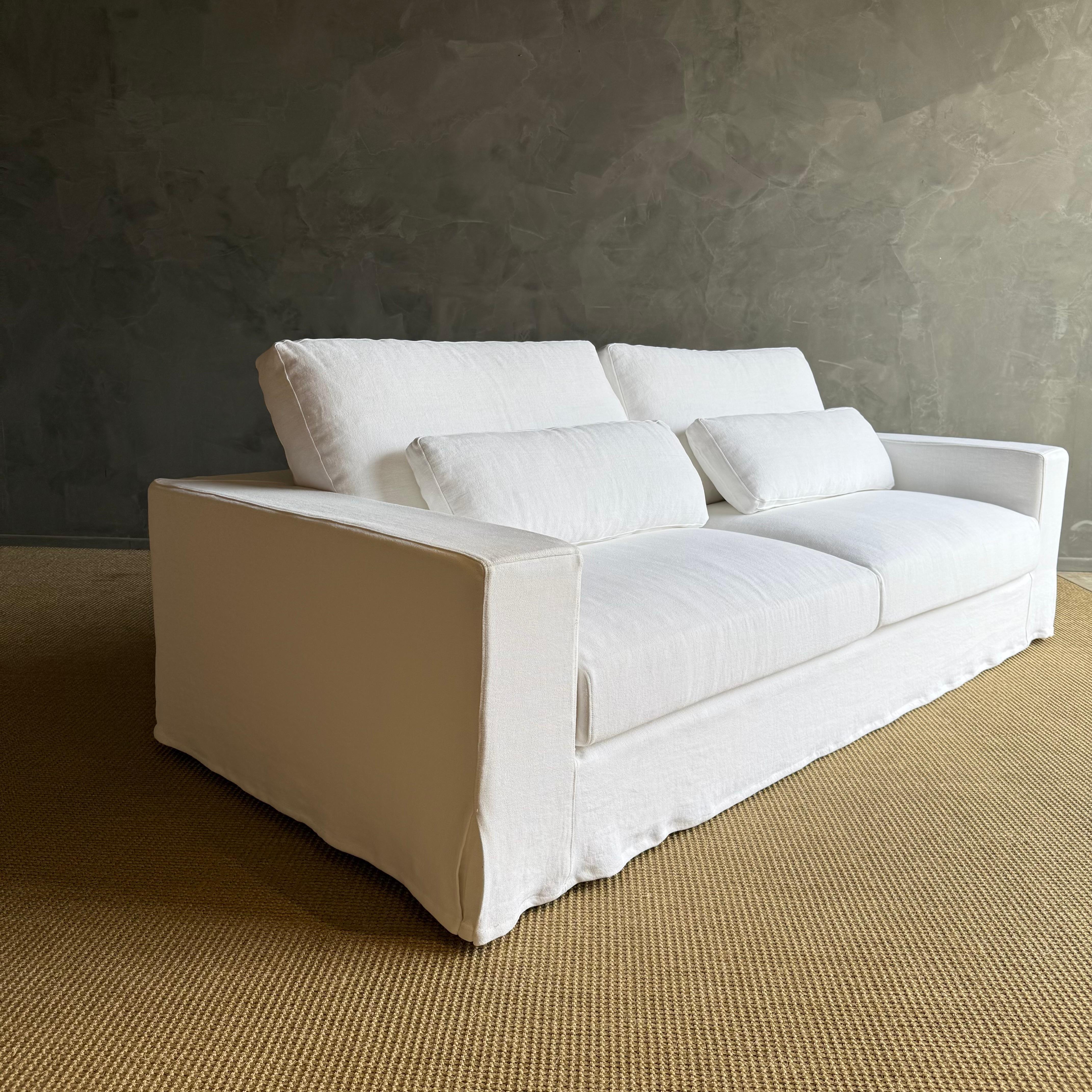 Custom Made White Belgian Linen Slip Cover Sofa with Down Cushions 95