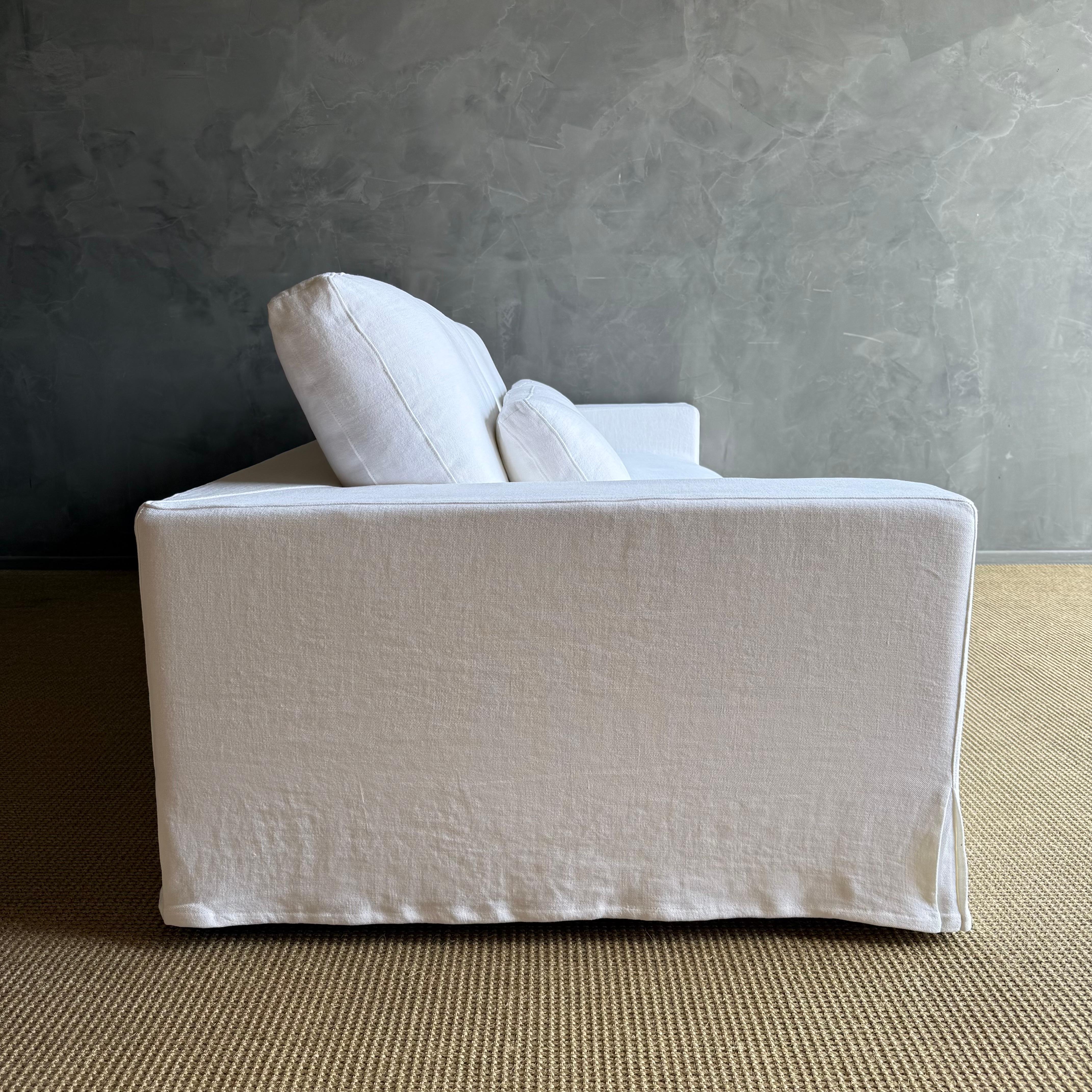 Custom Made White Belgian Linen Slip Cover Sofa with Down Cushions 95
