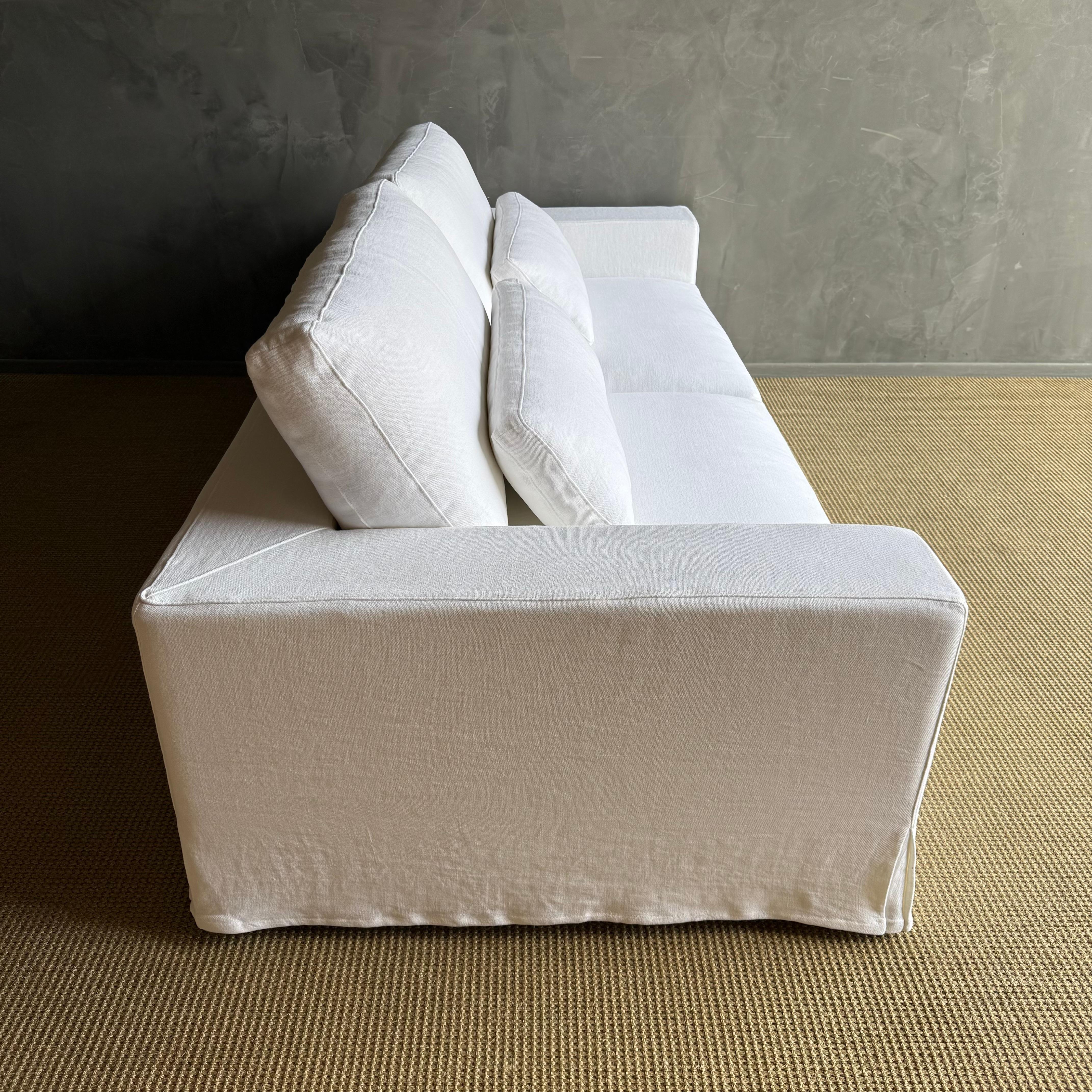 Custom Made White Belgian Linen Slip Cover Sofa with Down Cushions 95