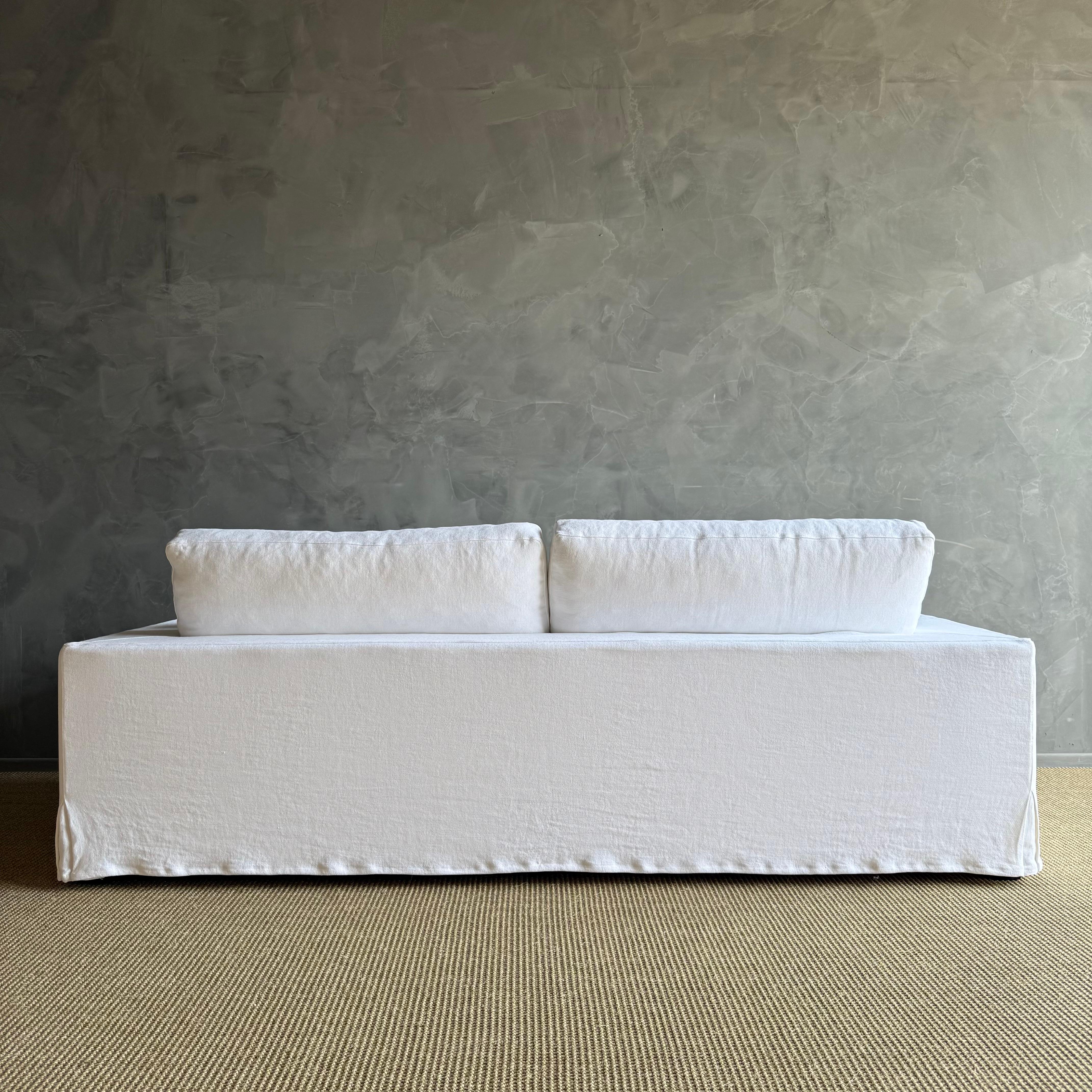 Custom Made White Belgian Linen Slip Cover Sofa with Down Cushions 95