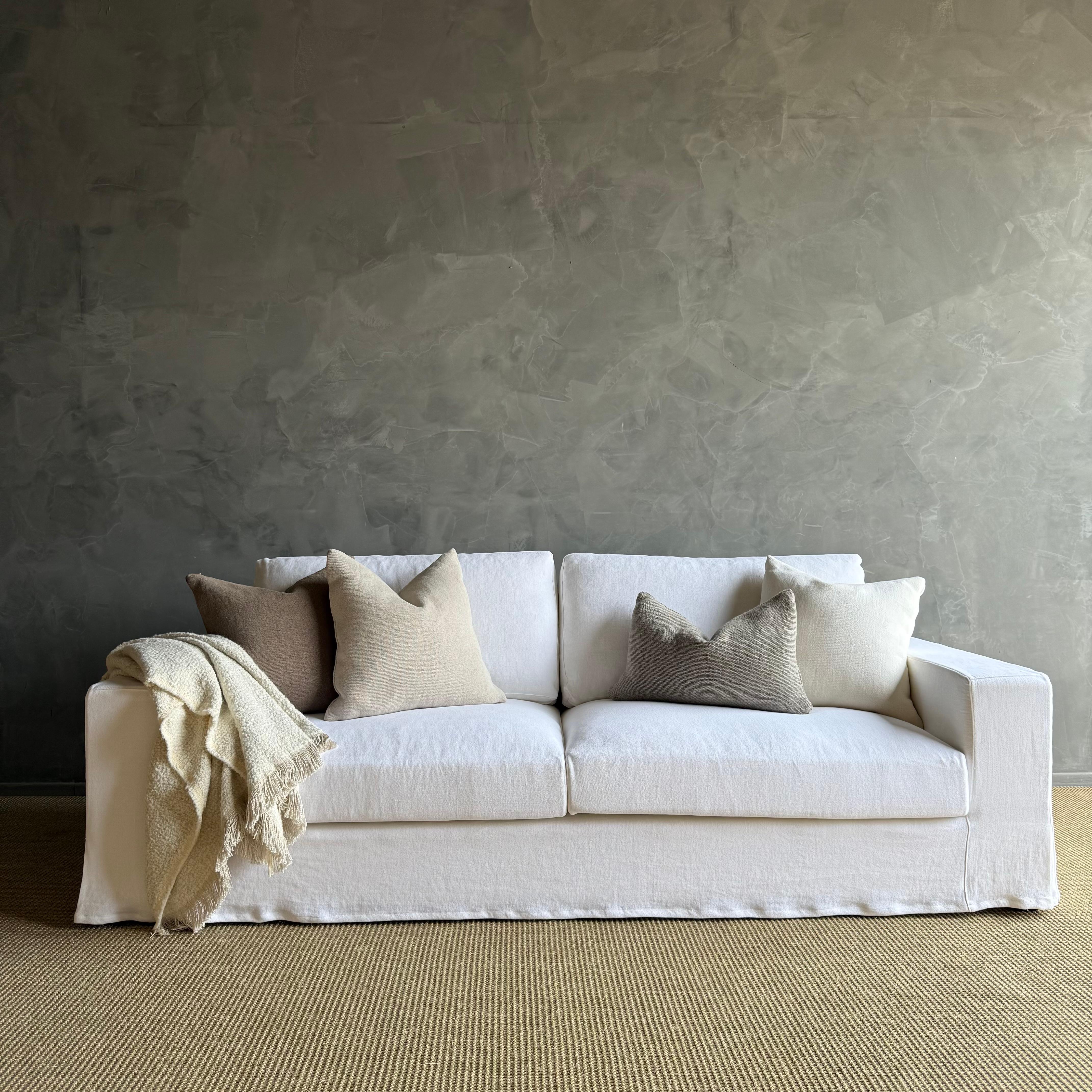 Custom Made White Belgian Linen Slip Cover Sofa with Down Cushions 95