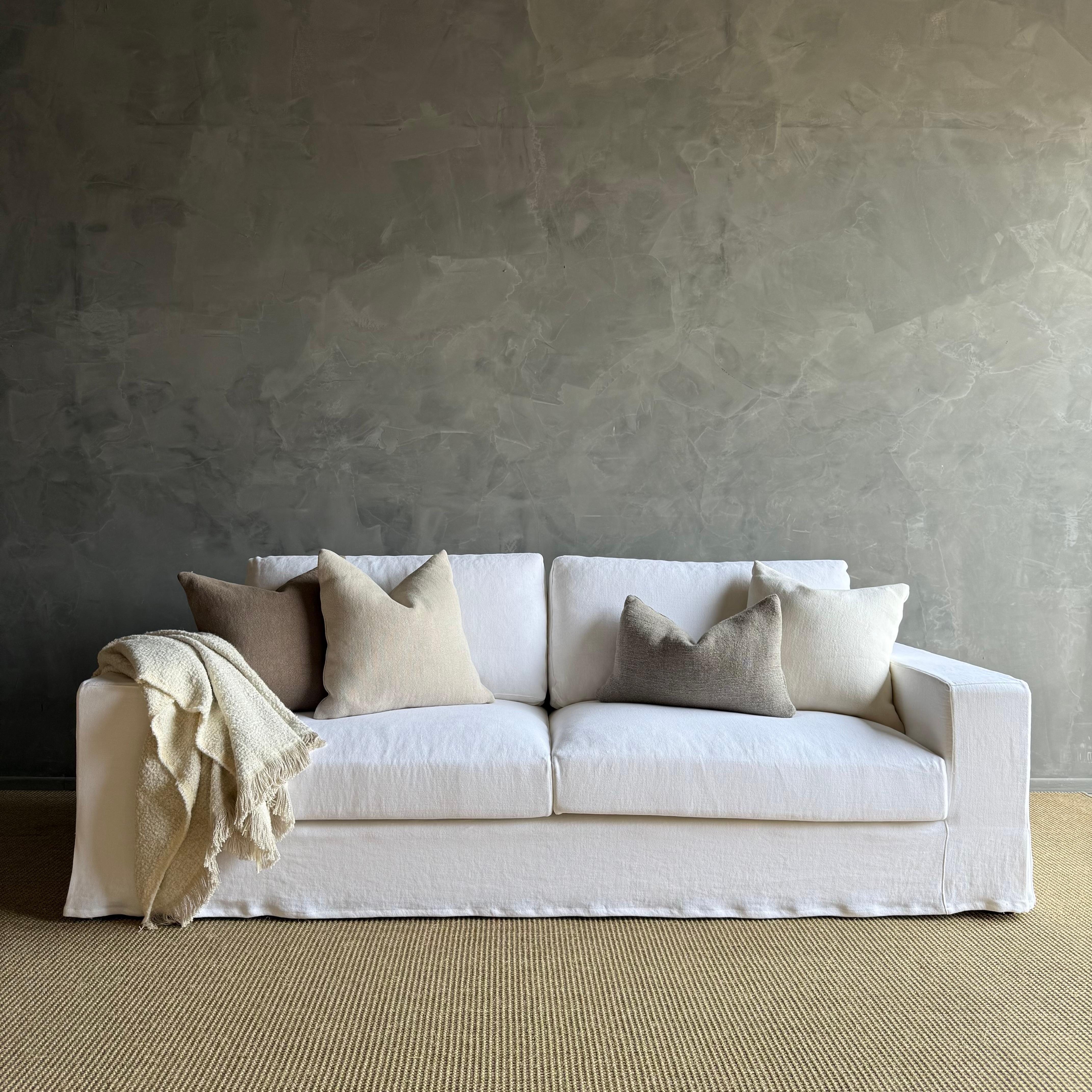 Custom Made White Belgian Linen Slip Cover Sofa with Down Cushions 95