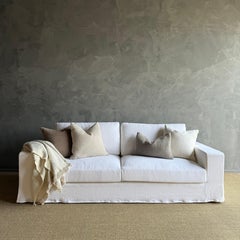 Custom Made White Belgian Linen Slip Cover Sofa with Down Cushions 95"