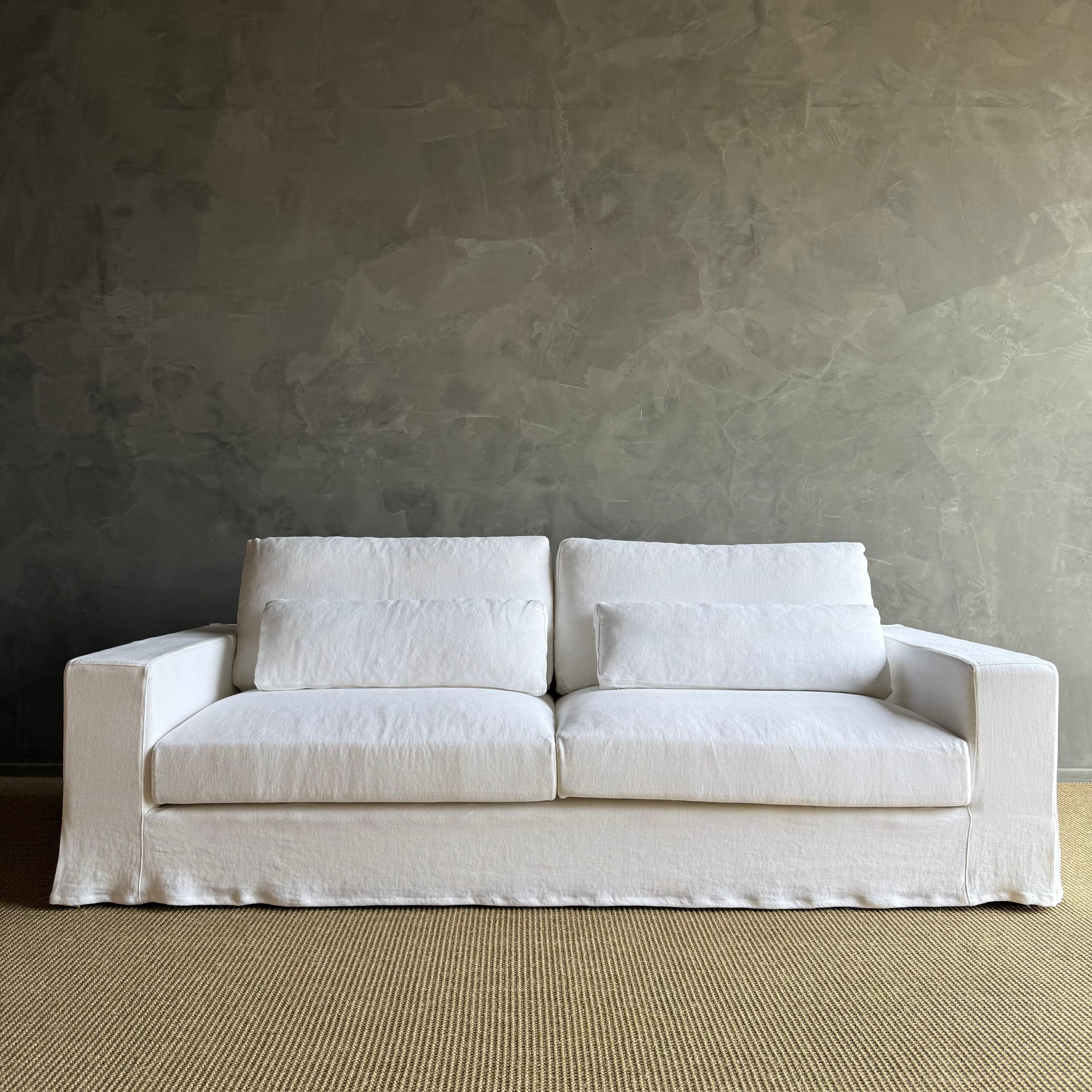 Custom Made White Belgian Linen Slip Cover Sofa with Down Cushions 95