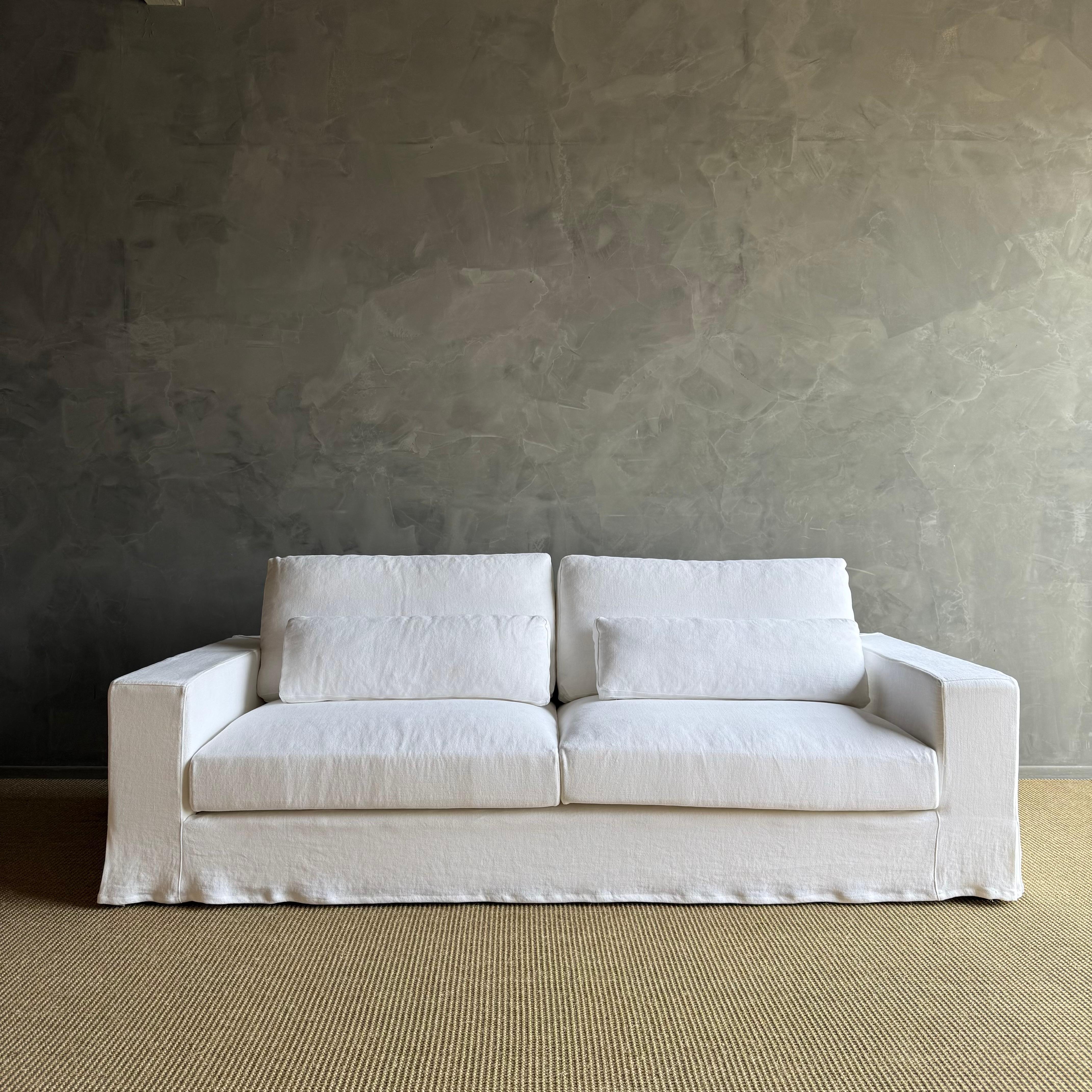 Custom Made White Belgian Linen Slip Cover Sofa with Down Cushions 95