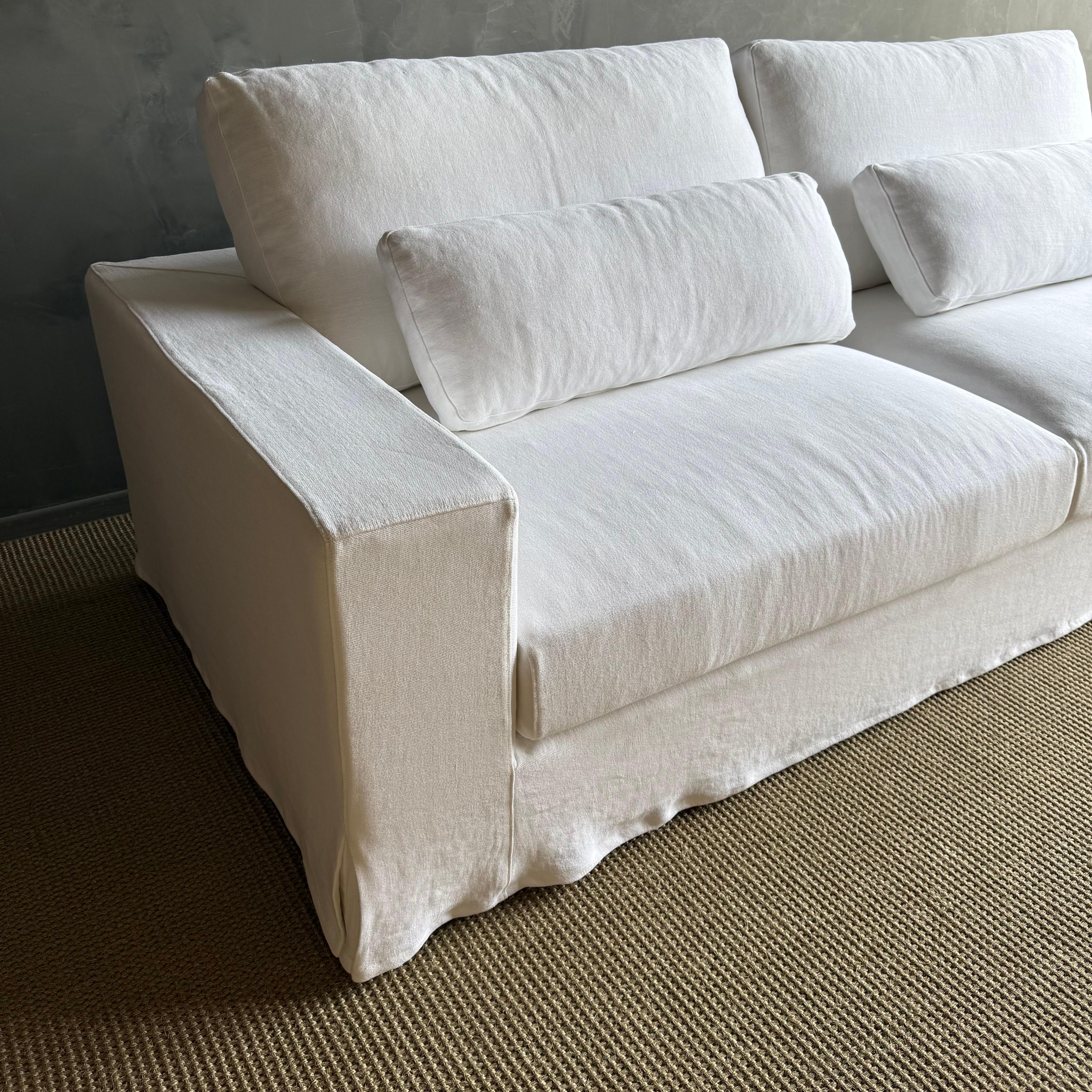 Custom Made White Belgian Linen Slip Cover Sofa with Down Cushions 95