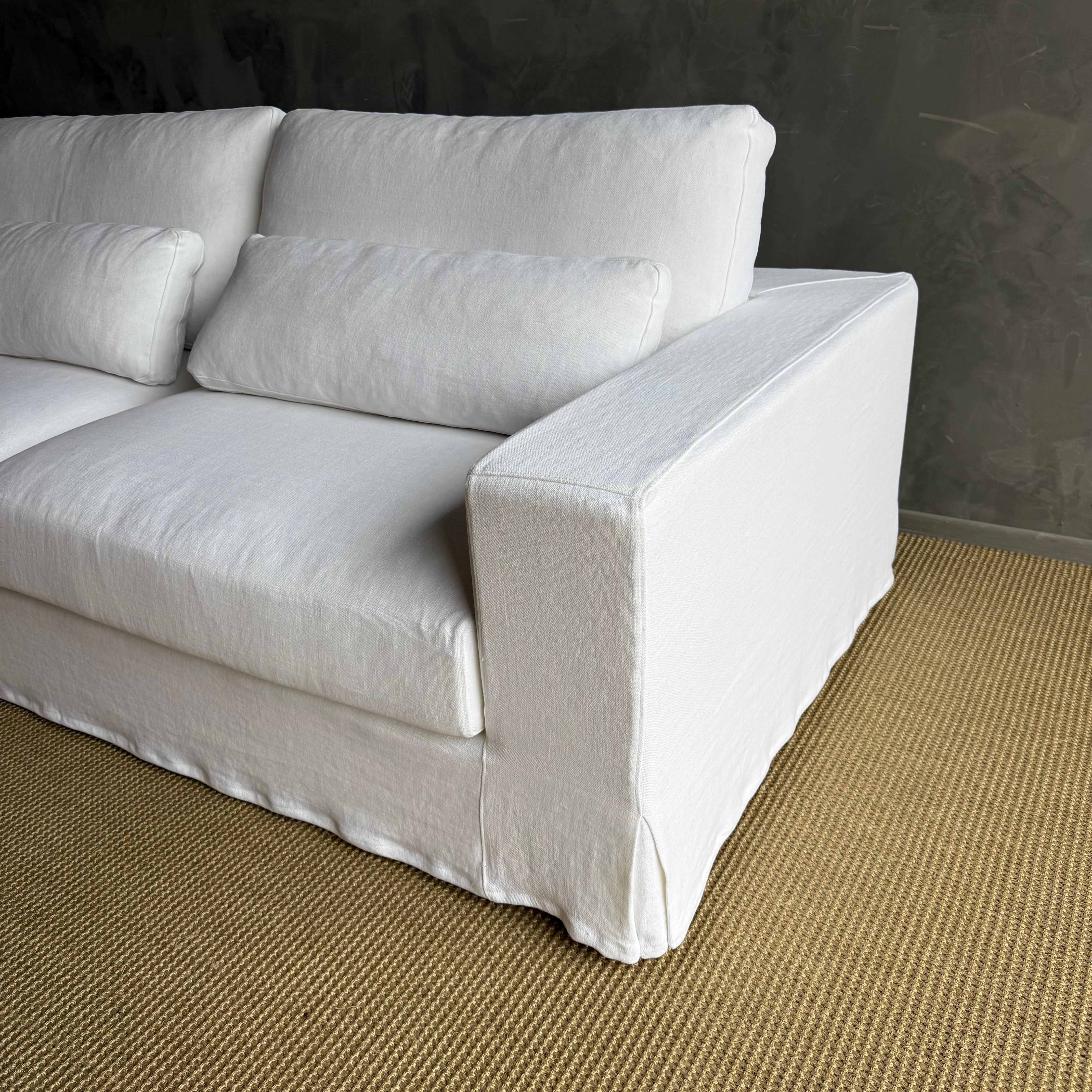 Custom Made White Belgian Linen Slip Cover Sofa with Down Cushions 95