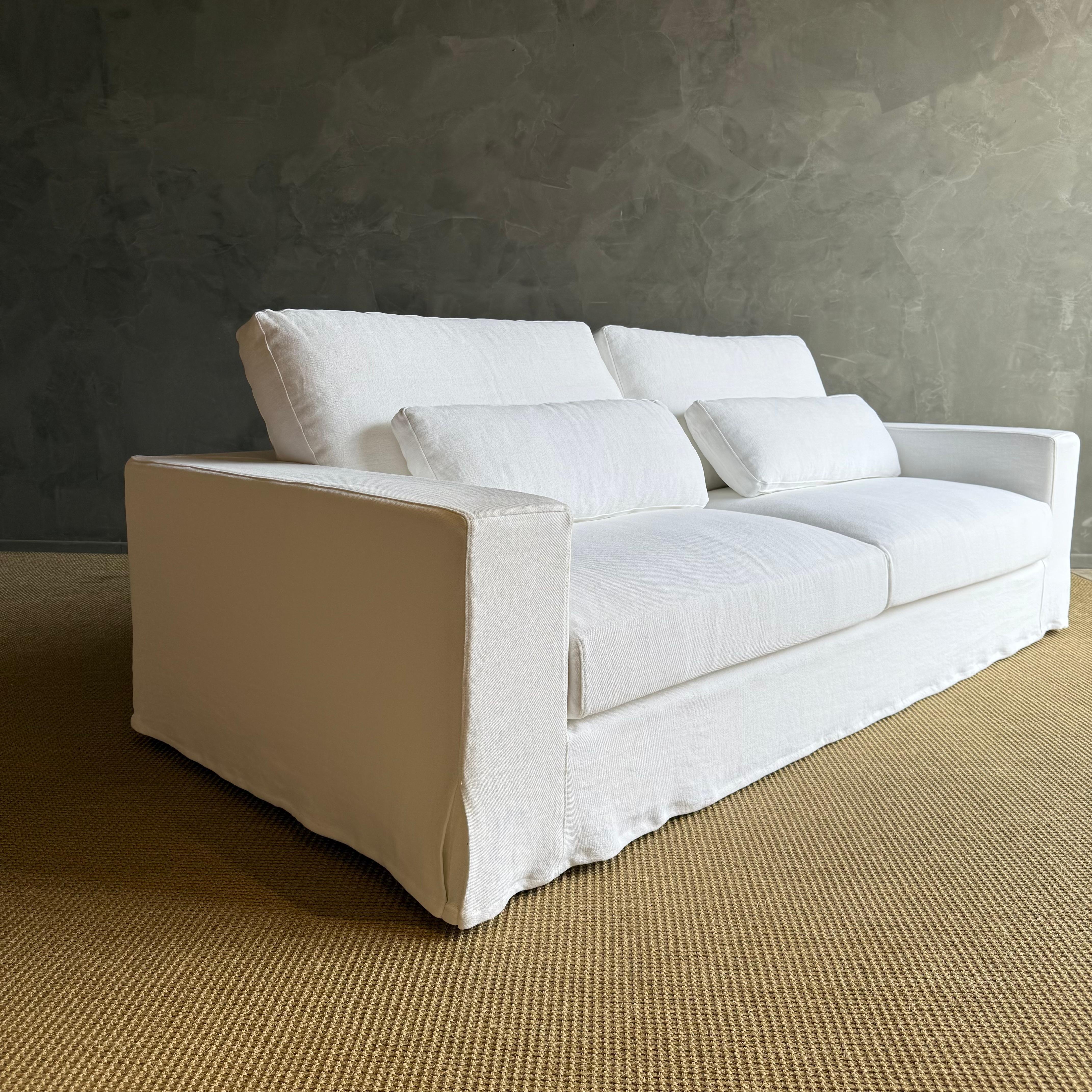 Custom Made White Belgian Linen Slip Cover Sofa with Down Cushions 95