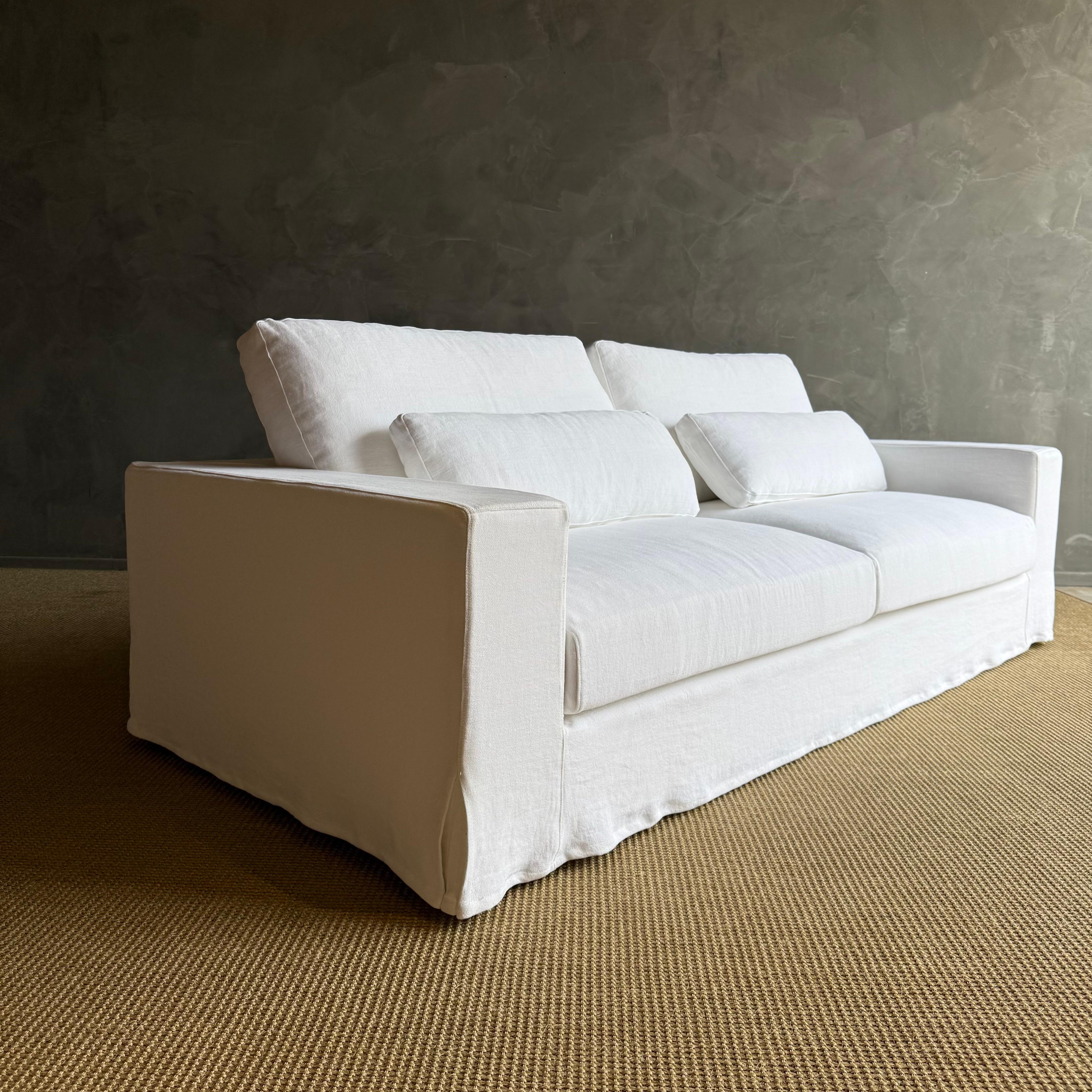 Custom Made White Belgian Linen Slip Cover Sofa with Down Cushions 95