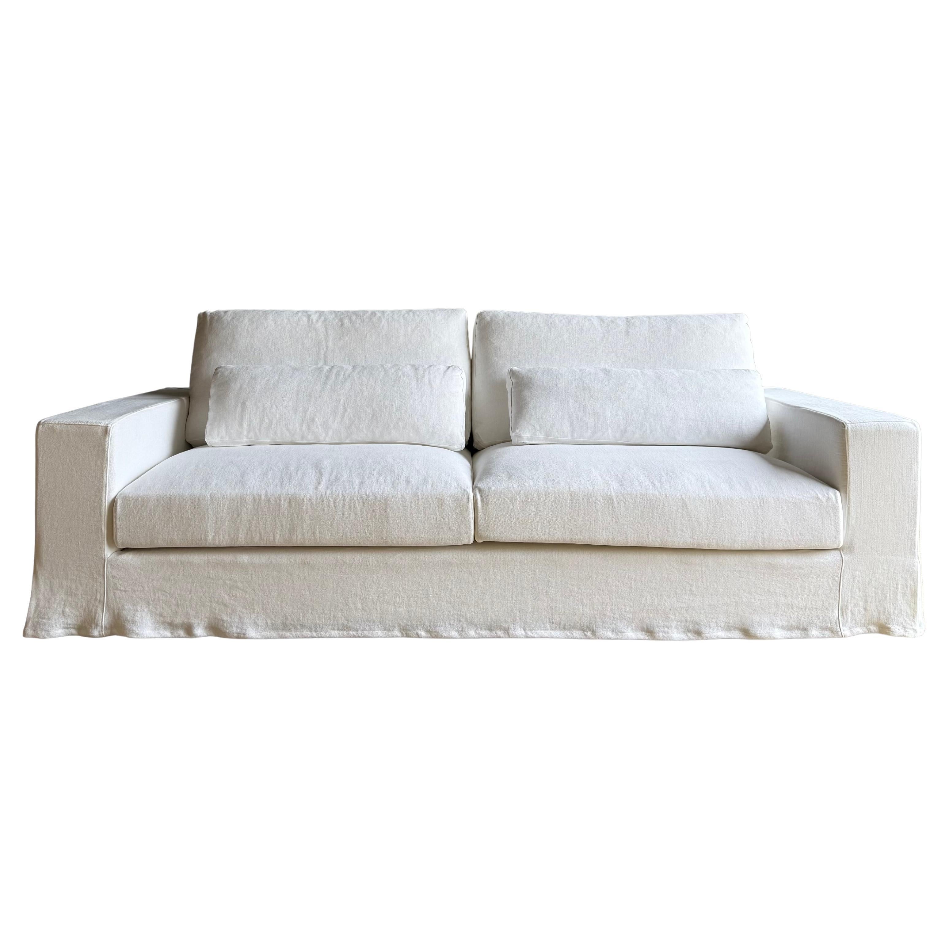 Custom Made White Belgian Linen Slip Cover Sofa with Down Cushions 95"