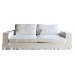 Custom Made White Belgian Linen Slip Cover Sofa with Down Cushions 95"