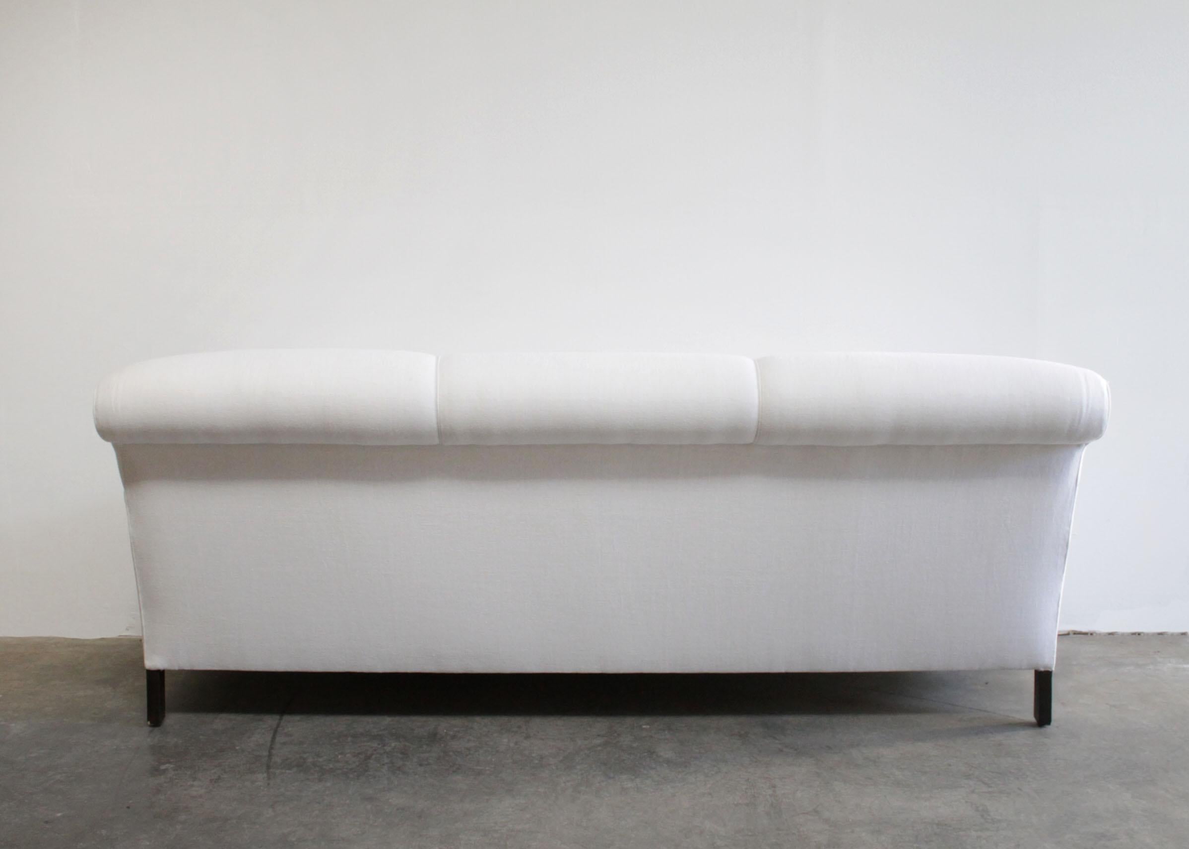 Custom Made White Linen English Arm Rolled Back Sofa with Casters In New Condition In Brea, CA