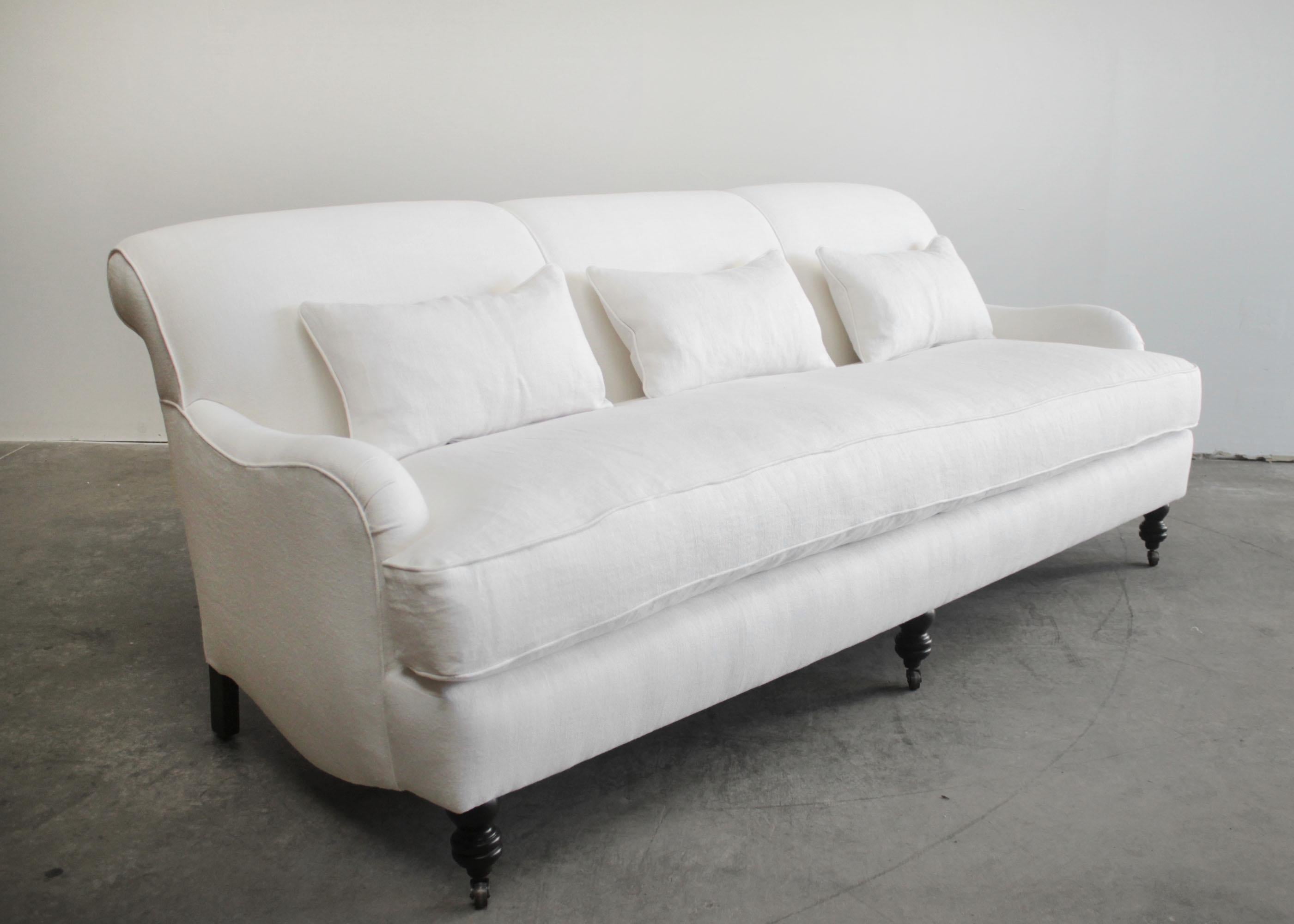Contemporary Custom Made White Linen English Arm Rolled Back Sofa with Casters For Sale