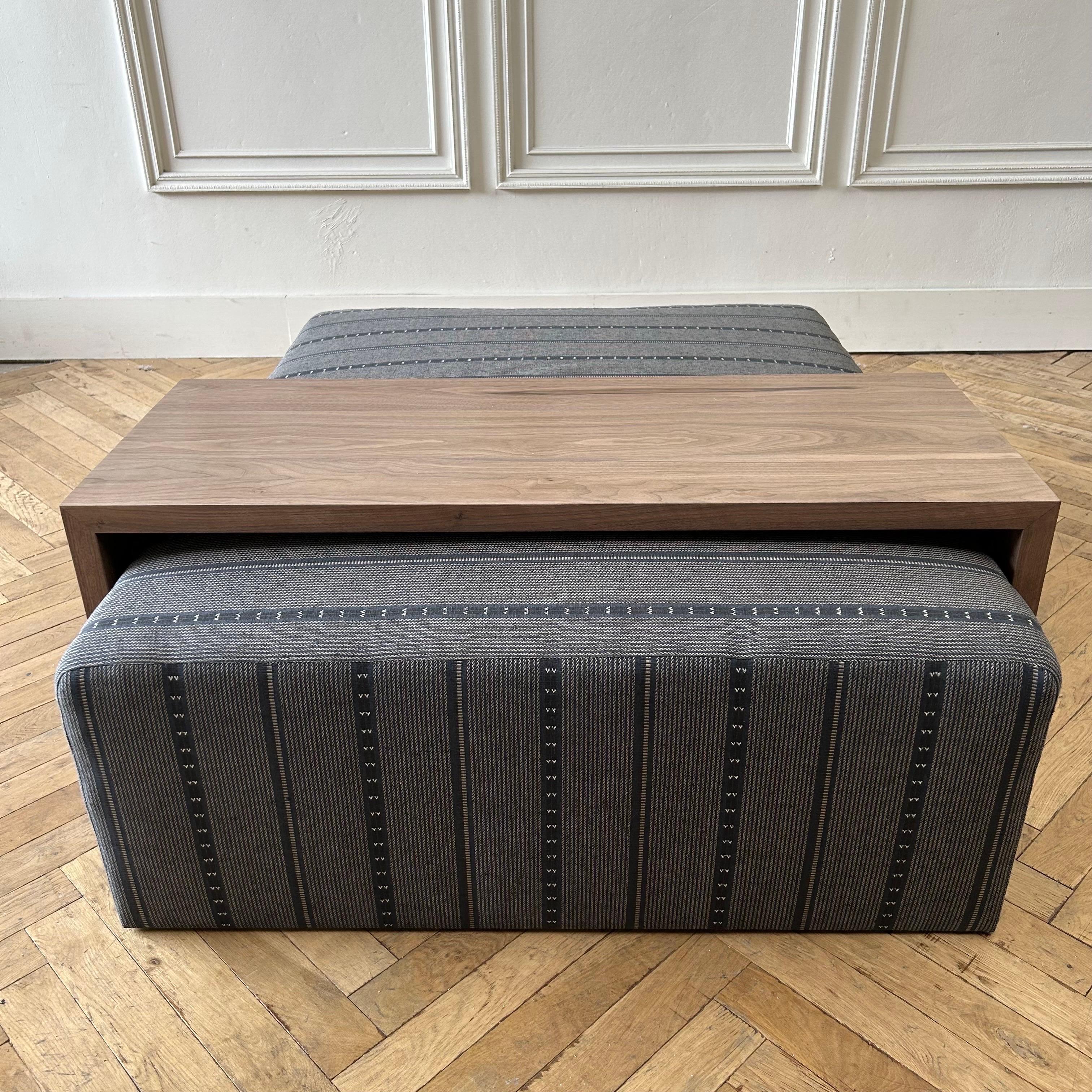 Custom Made Wool and Jute Cube Ottoman with Walnut Waterfall Style Table For Sale 3