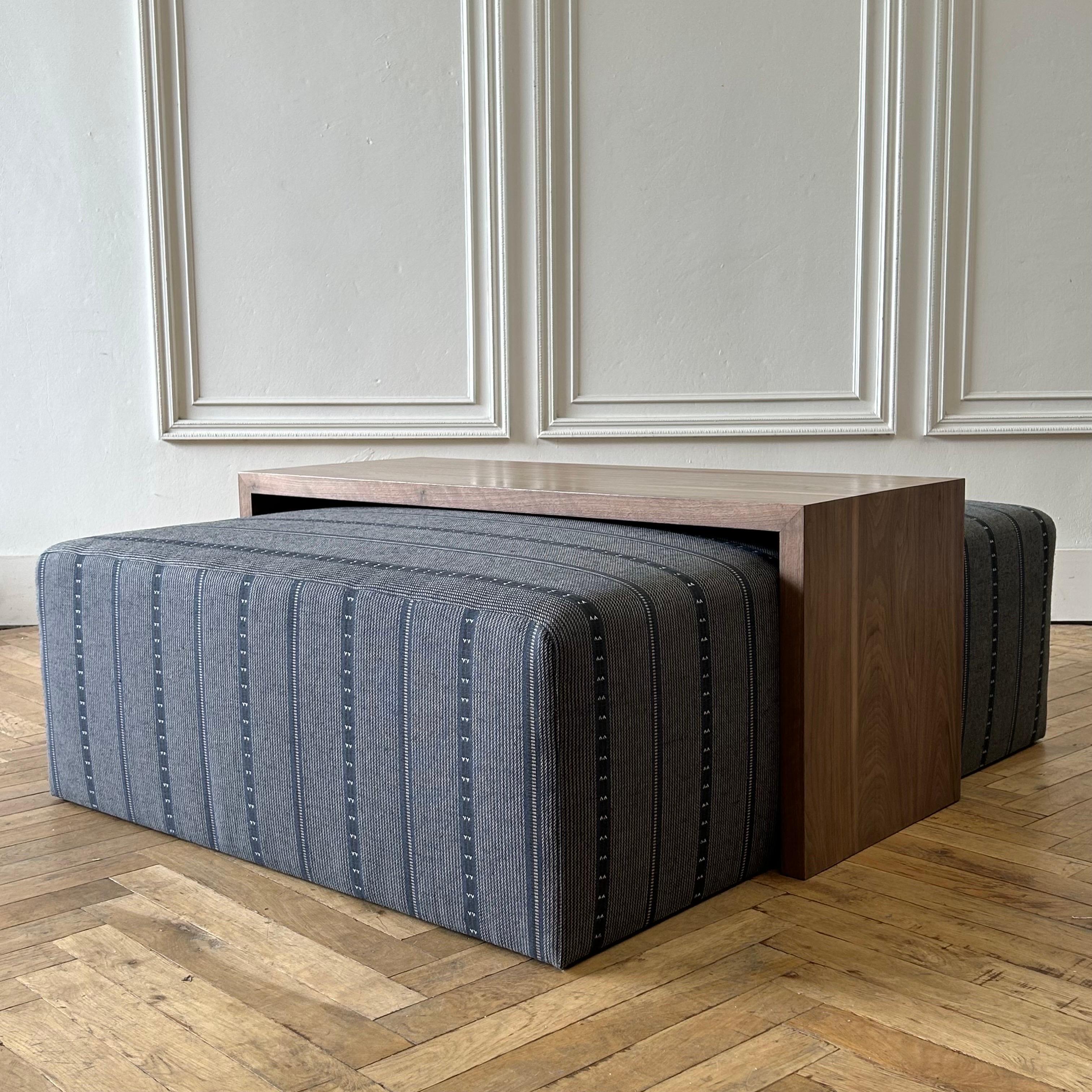 Custom Made Wool and Jute Cube Ottoman with Walnut Waterfall Style Table For Sale 4
