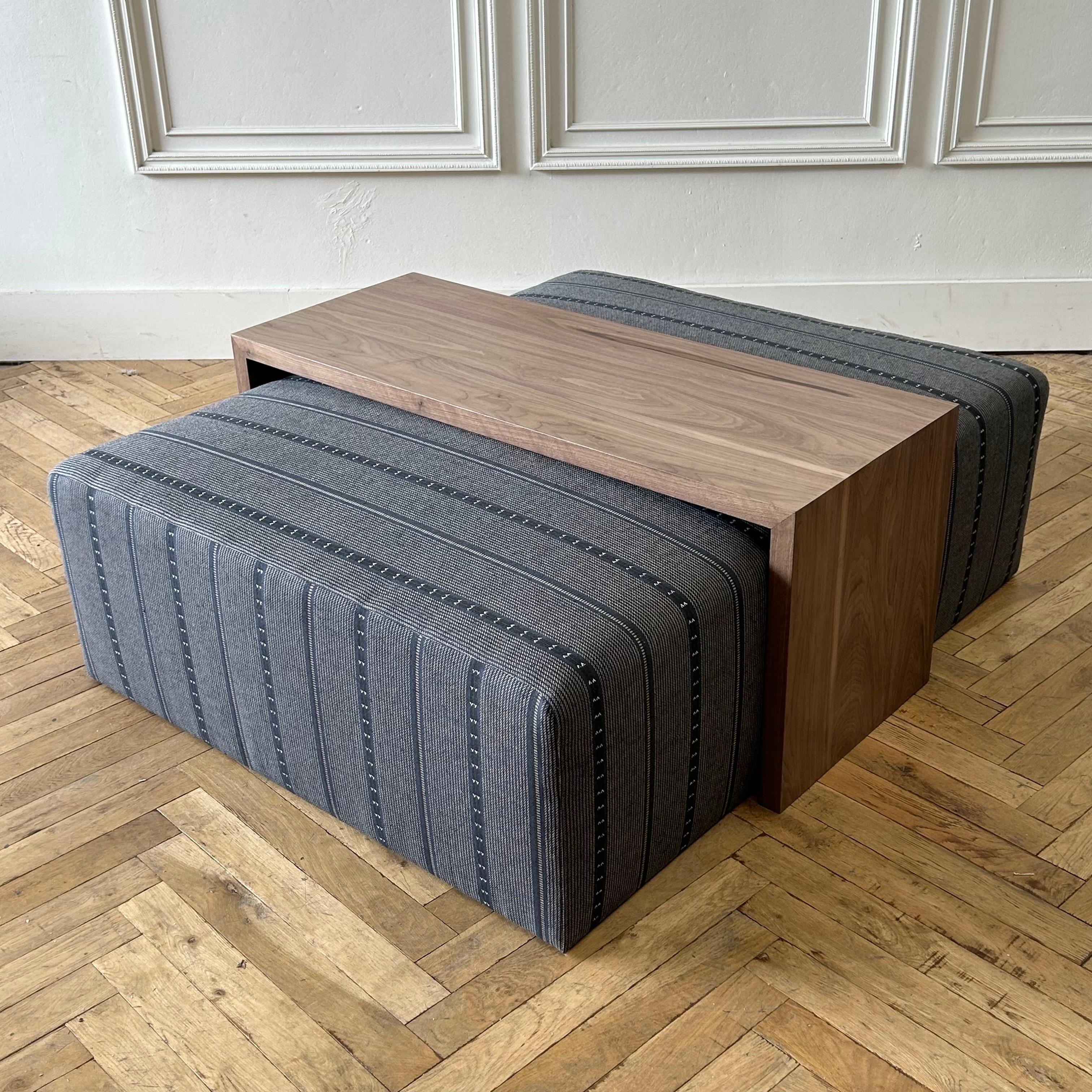Custom Made Wool and Jute Cube Ottoman with Walnut Waterfall Style Table For Sale 5