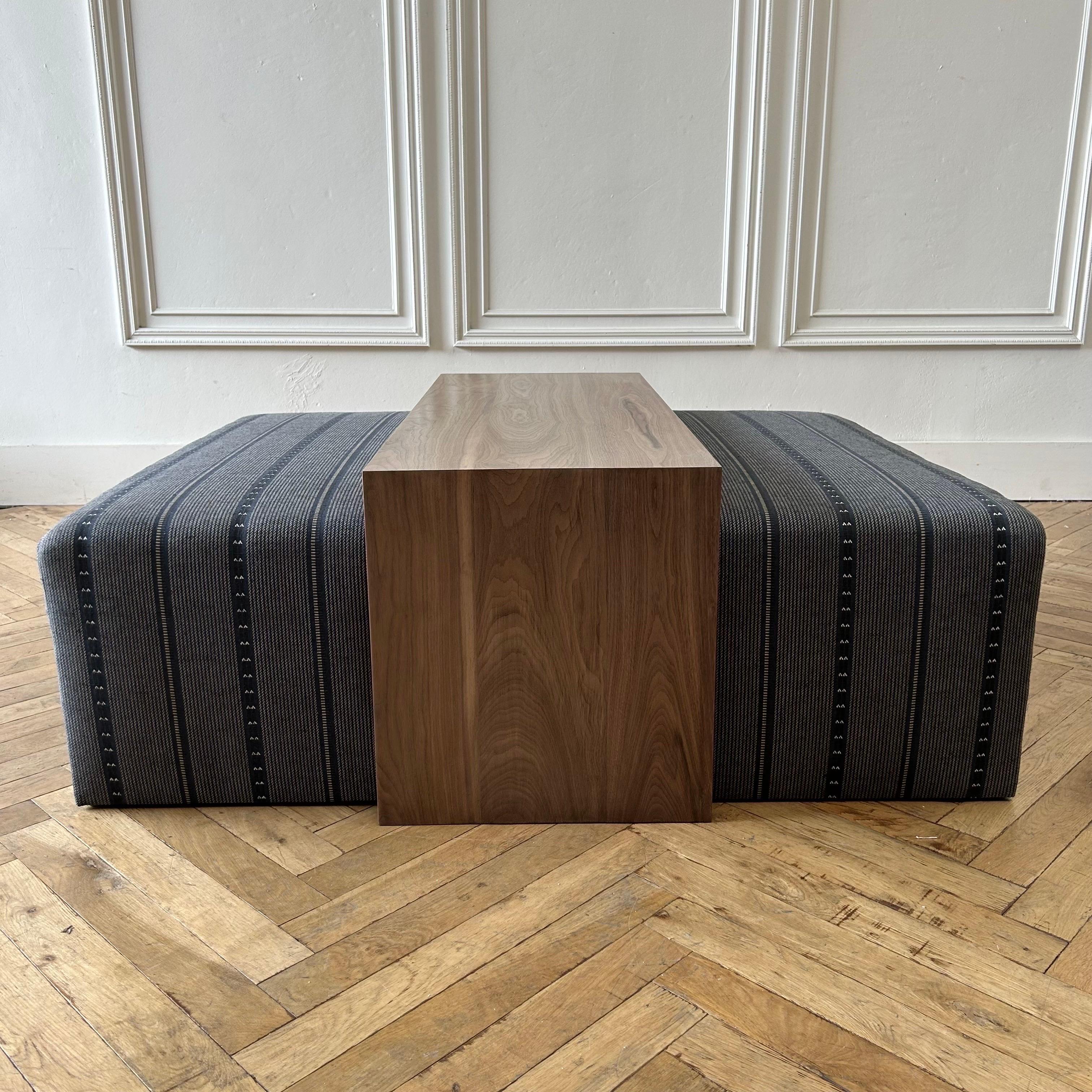 Custom Made Wool and Jute Cube Ottoman with Walnut Waterfall Style Table For Sale 7