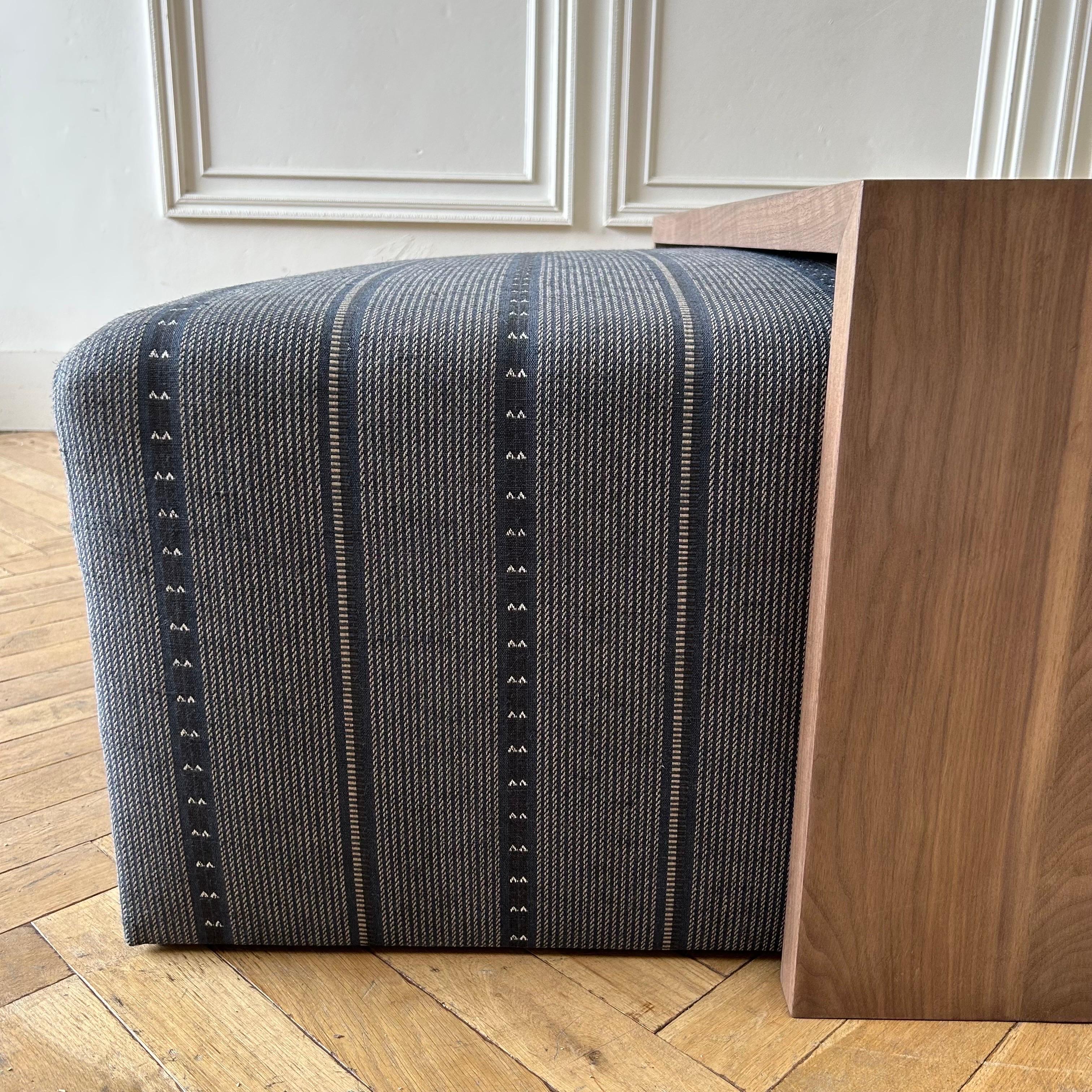 Custom Made Wool and Jute Cube Ottoman with Walnut Waterfall Style Table For Sale 9